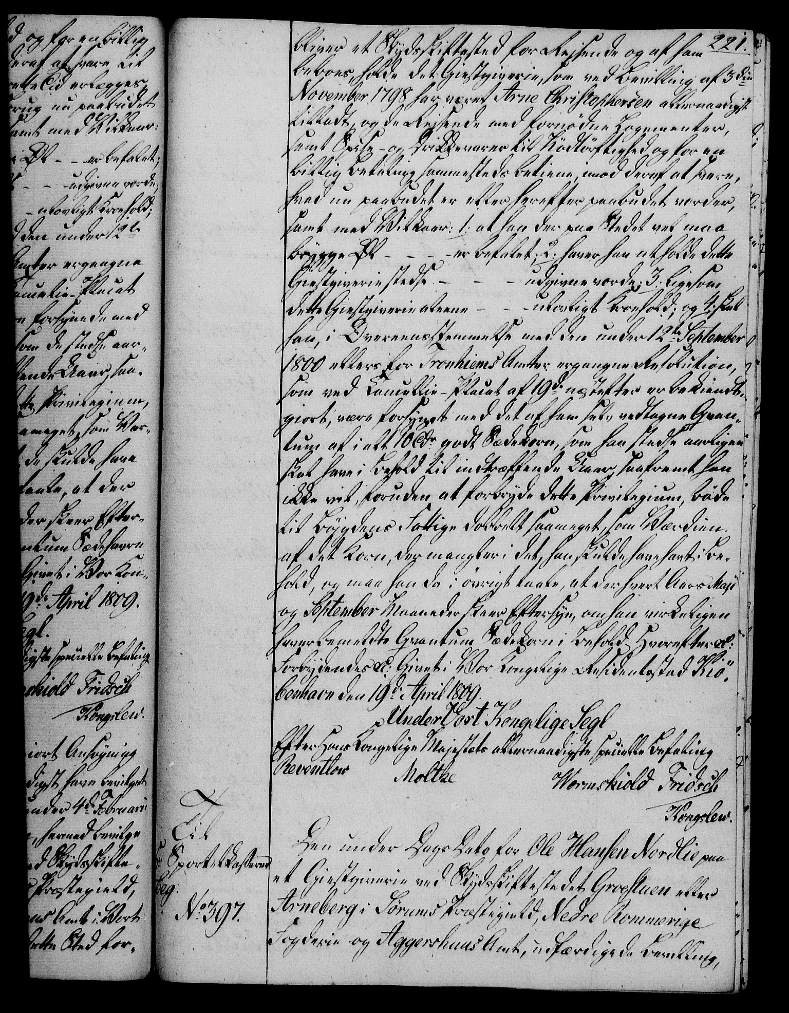 Rentekammeret, Kammerkanselliet, AV/RA-EA-3111/G/Gg/Gga/L0019: Norsk ekspedisjonsprotokoll med register (merket RK 53.19), 1807-1810, p. 221