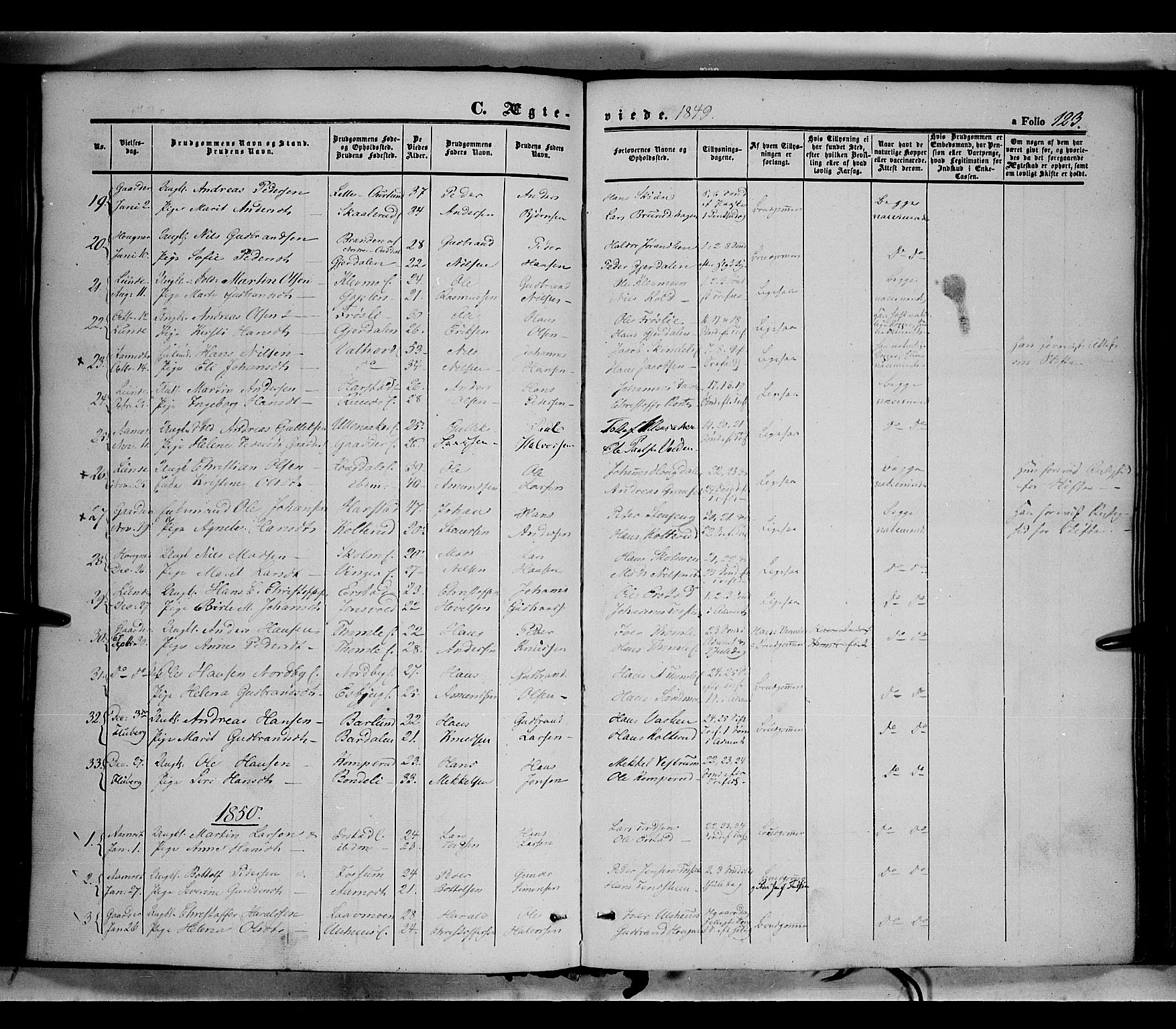 Land prestekontor, SAH/PREST-120/H/Ha/Haa/L0010: Parish register (official) no. 10, 1847-1859, p. 123