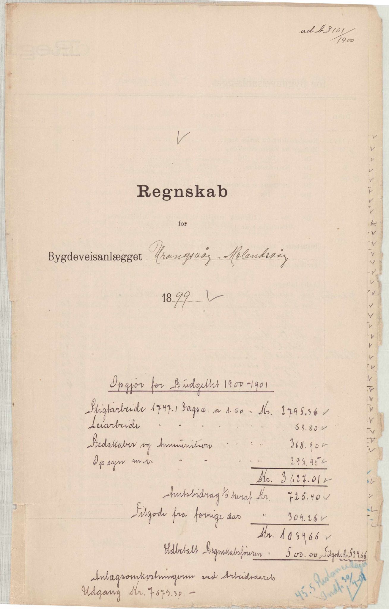 Finnaas kommune. Formannskapet, IKAH/1218a-021/E/Ea/L0002/0001: Rekneskap for veganlegg / Rekneskap for veganlegget Urangsvåg - Mælandsvåg, 1898-1900, p. 74