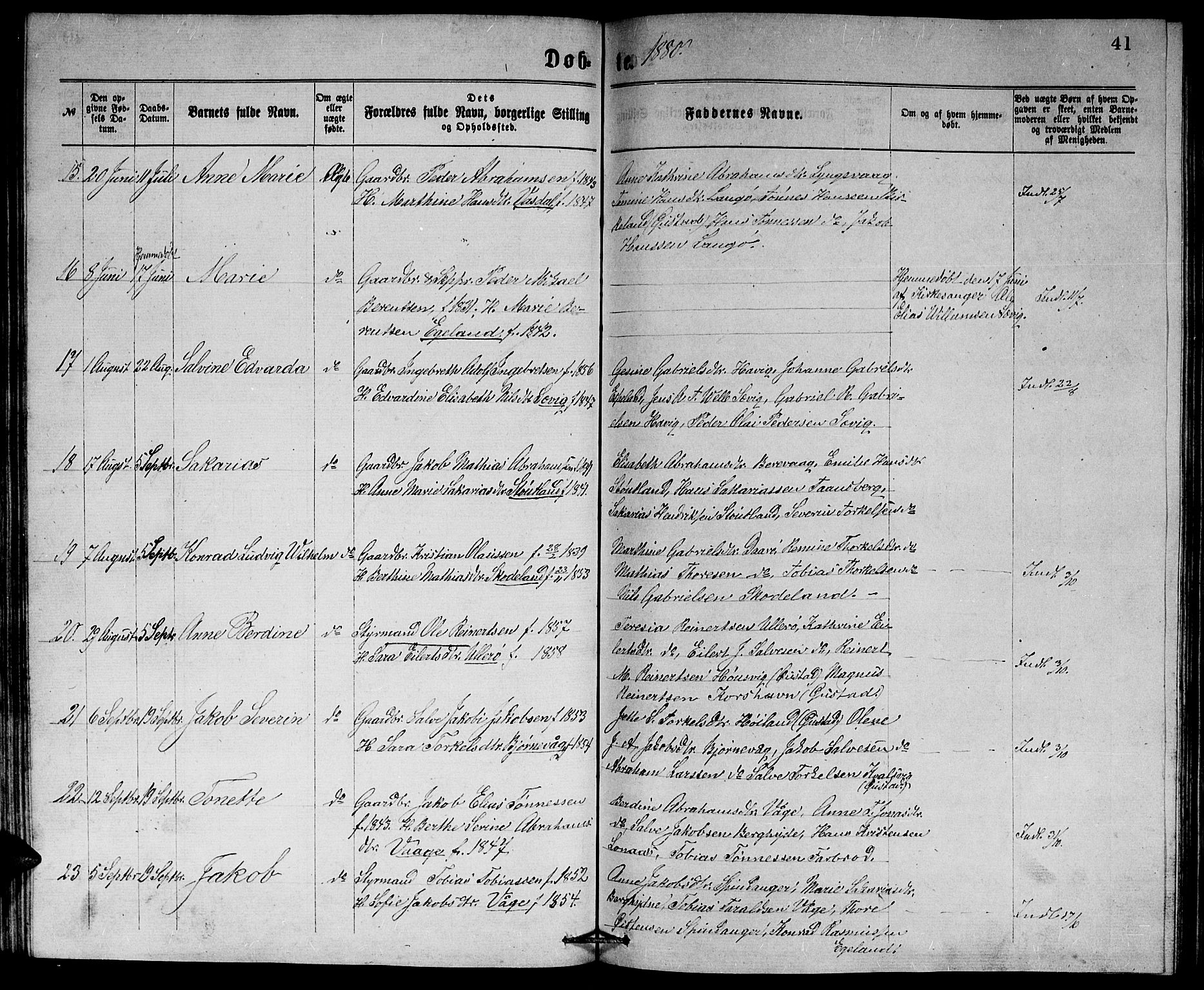 Herad sokneprestkontor, AV/SAK-1111-0018/F/Fb/Fbb/L0003: Parish register (copy) no. B 3, 1872-1889, p. 41