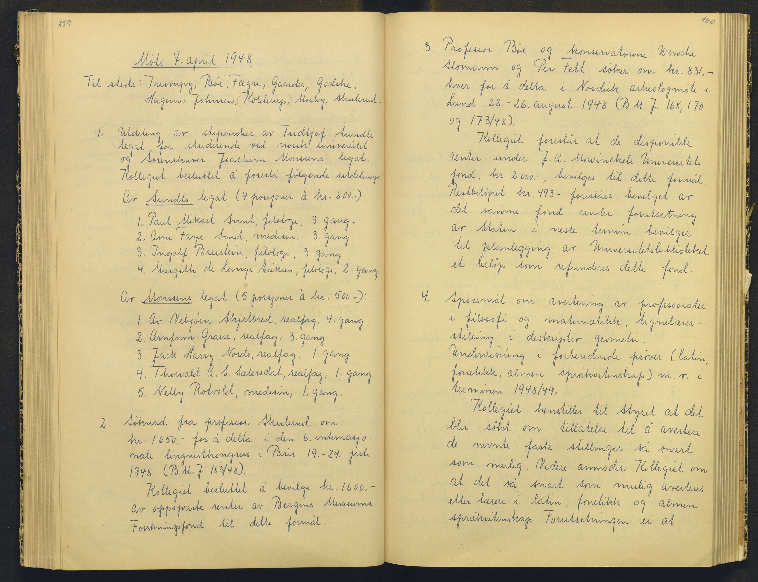 Bergens Museum, AV/SAB-A-17301/18/A/L0004: Professorkollegiets møtebok med register , 1945-1949, p. 159-160