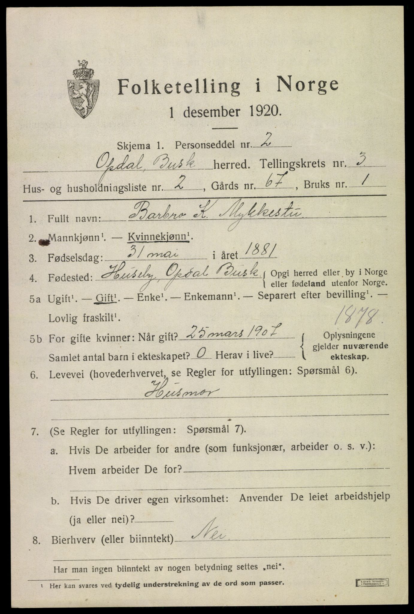 SAKO, 1920 census for Uvdal, 1920, p. 1309