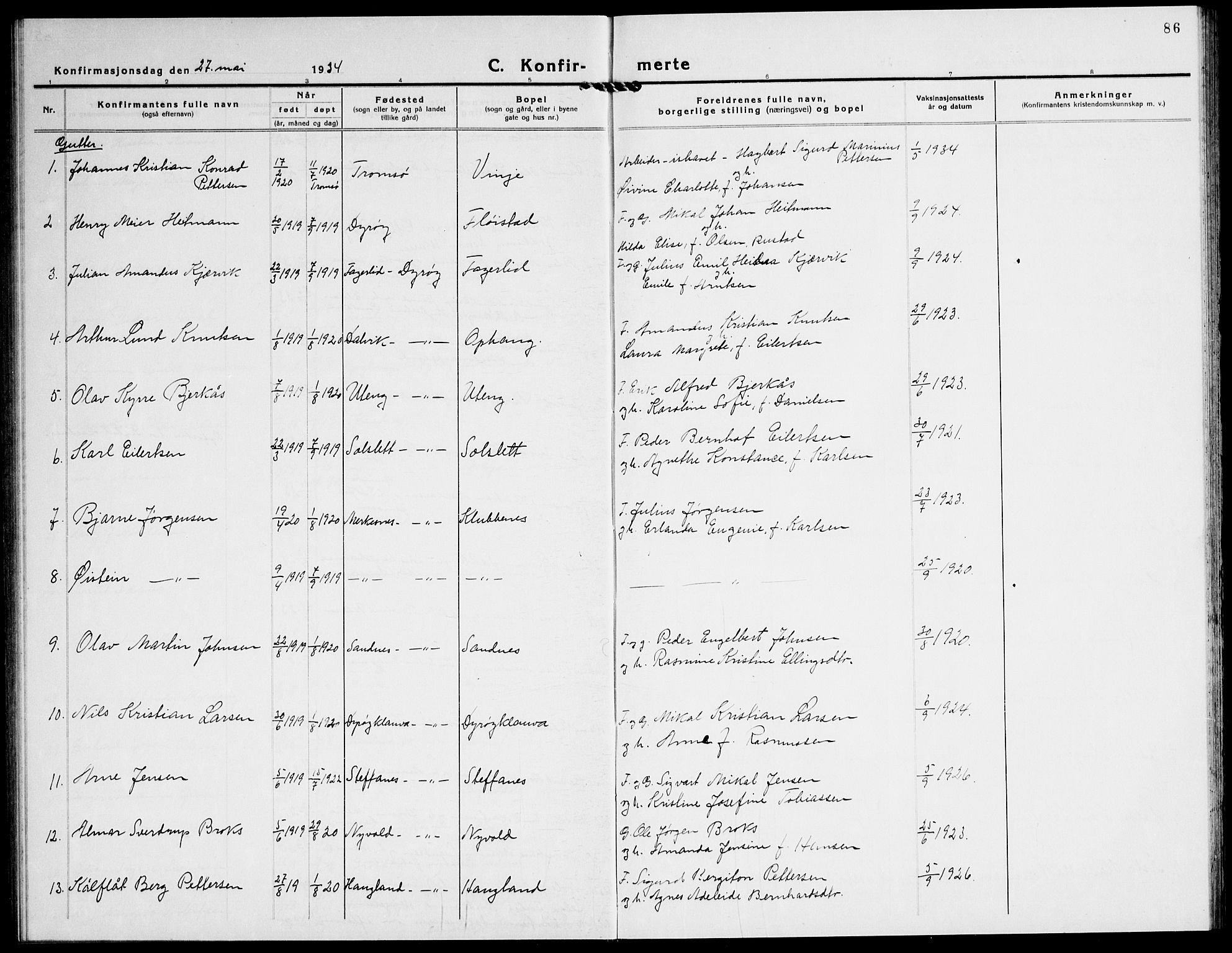 Tranøy sokneprestkontor, AV/SATØ-S-1313/I/Ia/Iab/L0016klokker: Parish register (copy) no. 16, 1930-1945, p. 86