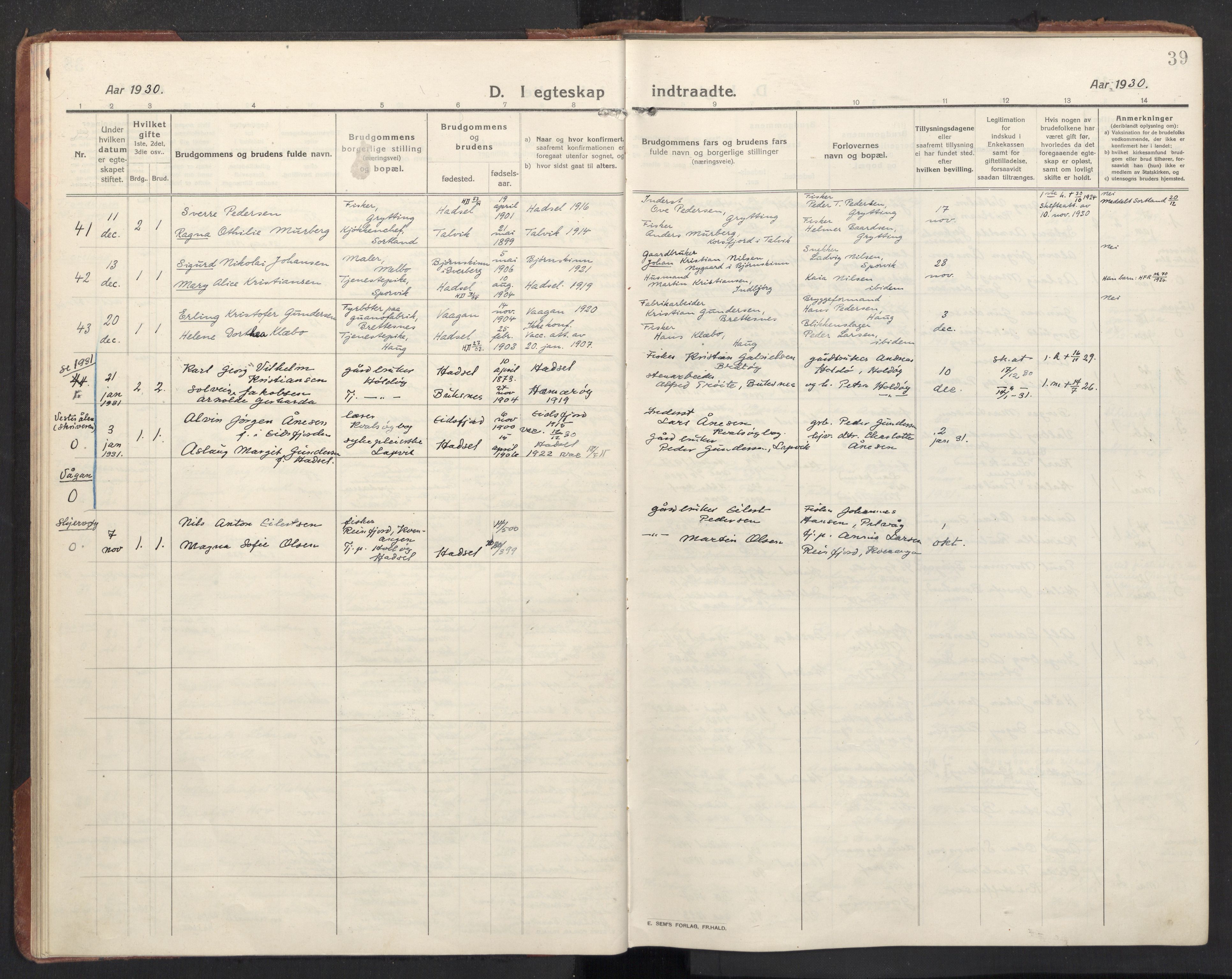 Ministerialprotokoller, klokkerbøker og fødselsregistre - Nordland, AV/SAT-A-1459/888/L1269: Parish register (copy) no. 888C11, 1913-1937, p. 39