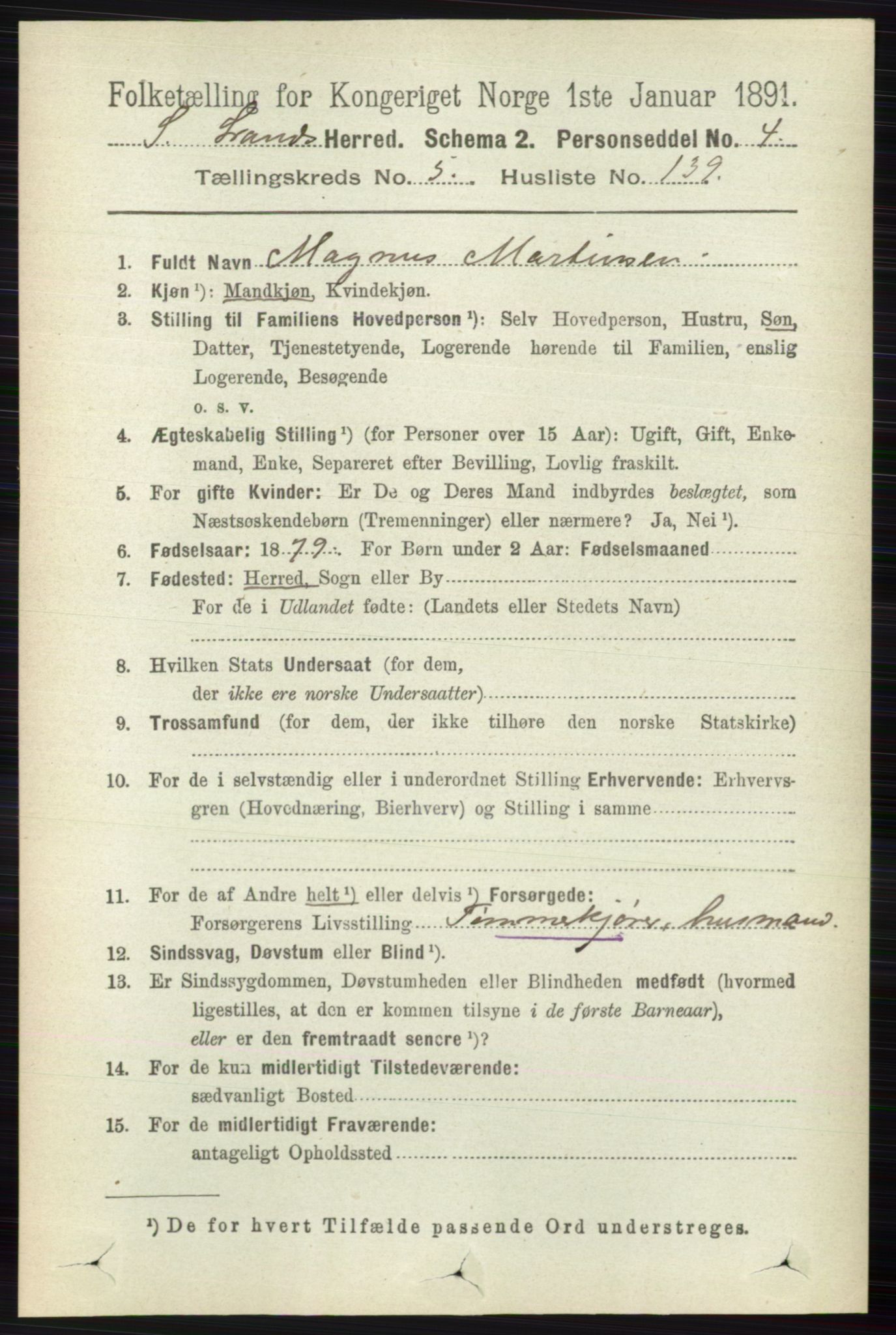 RA, 1891 census for 0536 Søndre Land, 1891, p. 5750