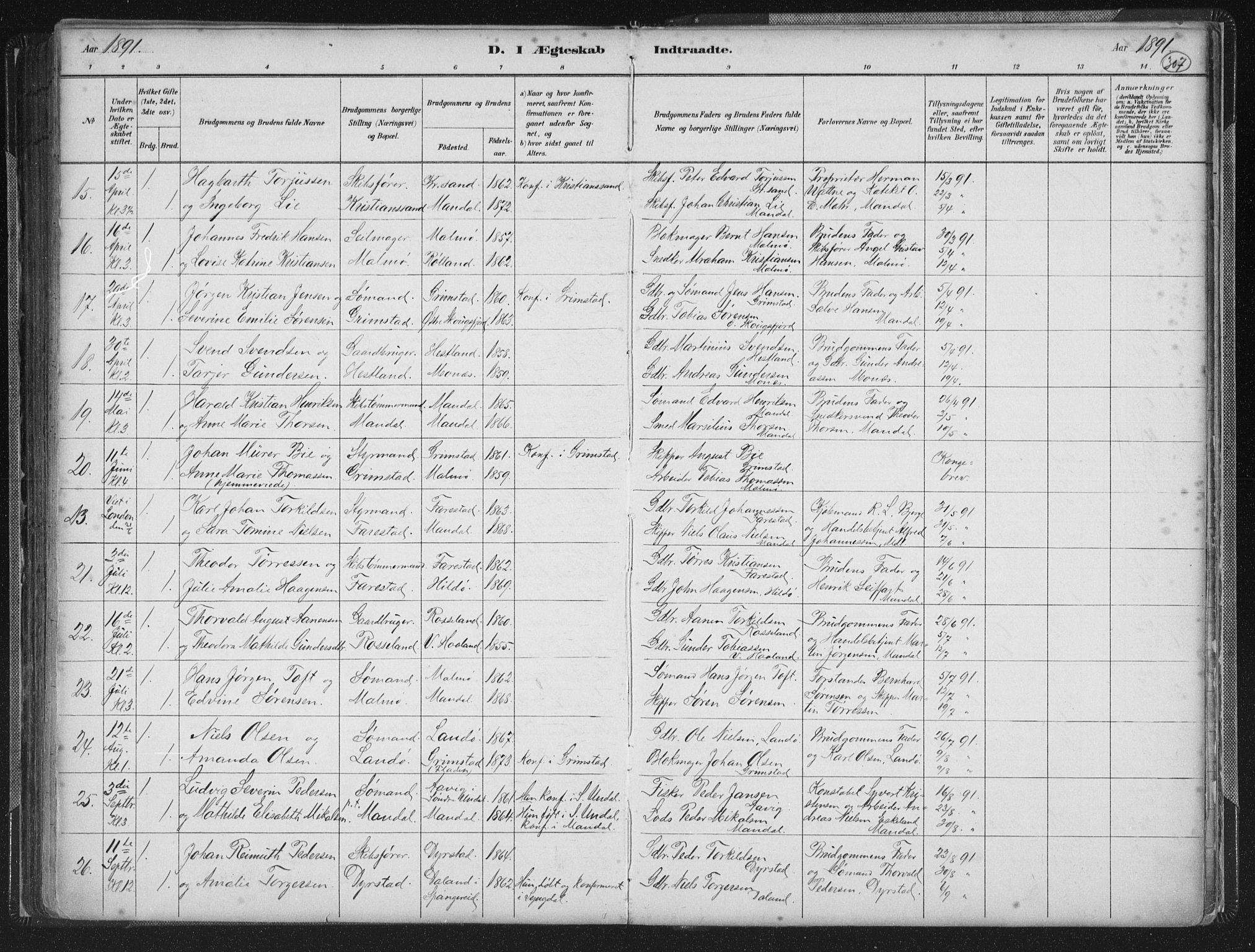 Mandal sokneprestkontor, AV/SAK-1111-0030/F/Fb/Fba/L0011: Parish register (copy) no. B 5, 1880-1898, p. 307