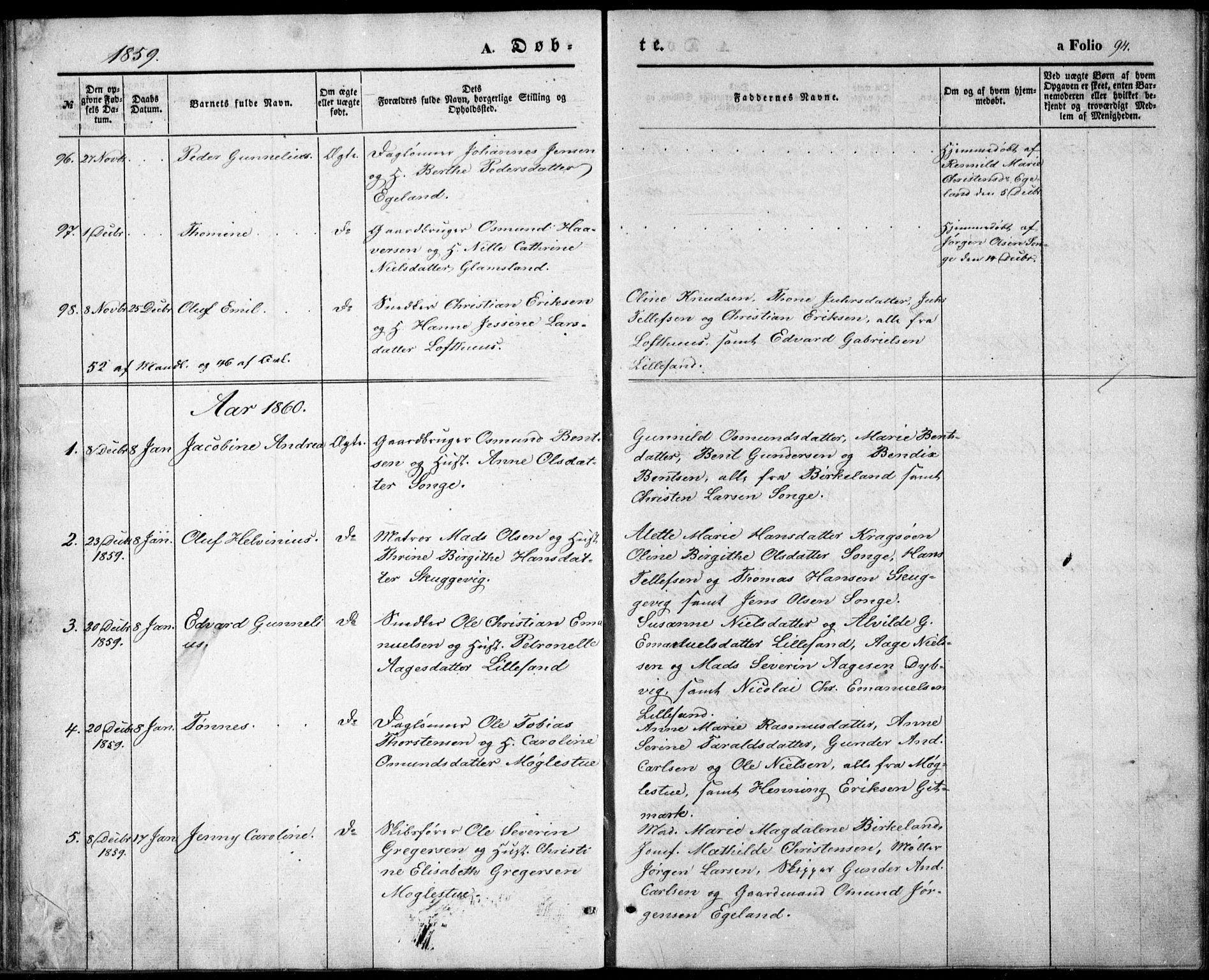 Vestre Moland sokneprestkontor, SAK/1111-0046/F/Fb/Fbb/L0003: Parish register (copy) no. B 3, 1851-1861, p. 94