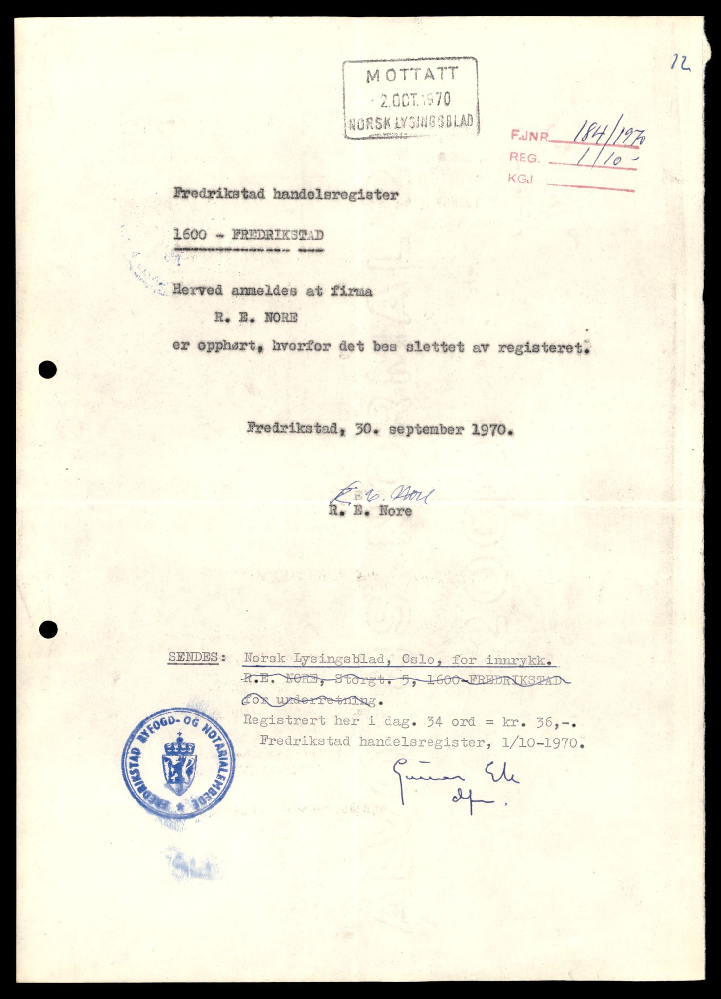 Fredrikstad tingrett, AV/SAT-A-10473/K/Kb/Kba/L0028: Enkeltmannsforetak, aksjeselskap og andelslag, Nore-Norsk O, 1944-1990, p. 1