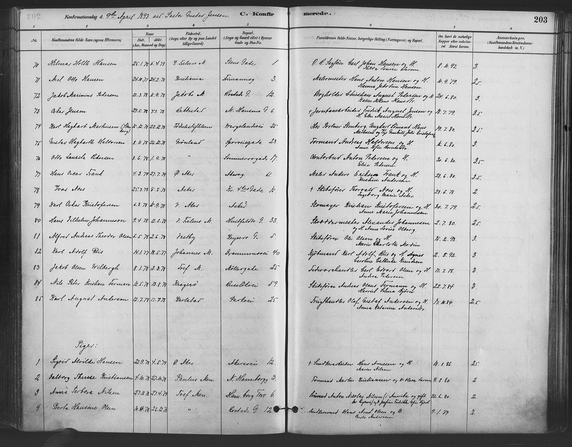 Trefoldighet prestekontor Kirkebøker, AV/SAO-A-10882/F/Fb/L0003: Parish register (official) no. II 3, 1881-1895, p. 203