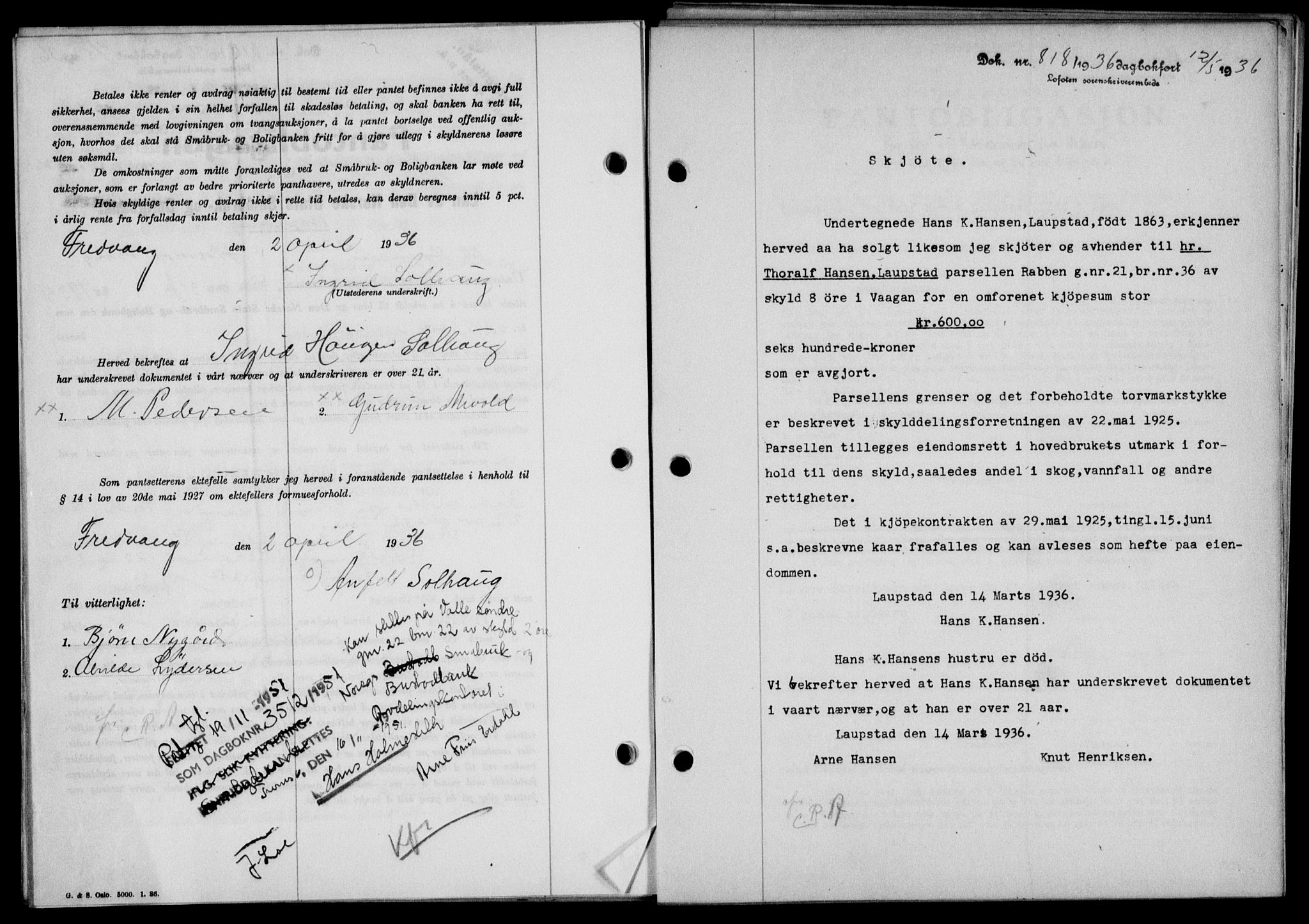 Lofoten sorenskriveri, SAT/A-0017/1/2/2C/L0033b: Mortgage book no. 33b, 1936-1936, Diary no: : 818/1936