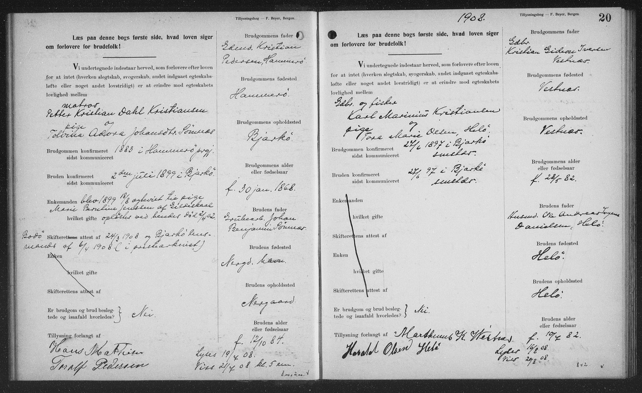 Sand/Bjarkøy sokneprestkontor, SATØ/S-0811/J/Jb/L0024: Banns register no. 24, 1905-1917, p. 20