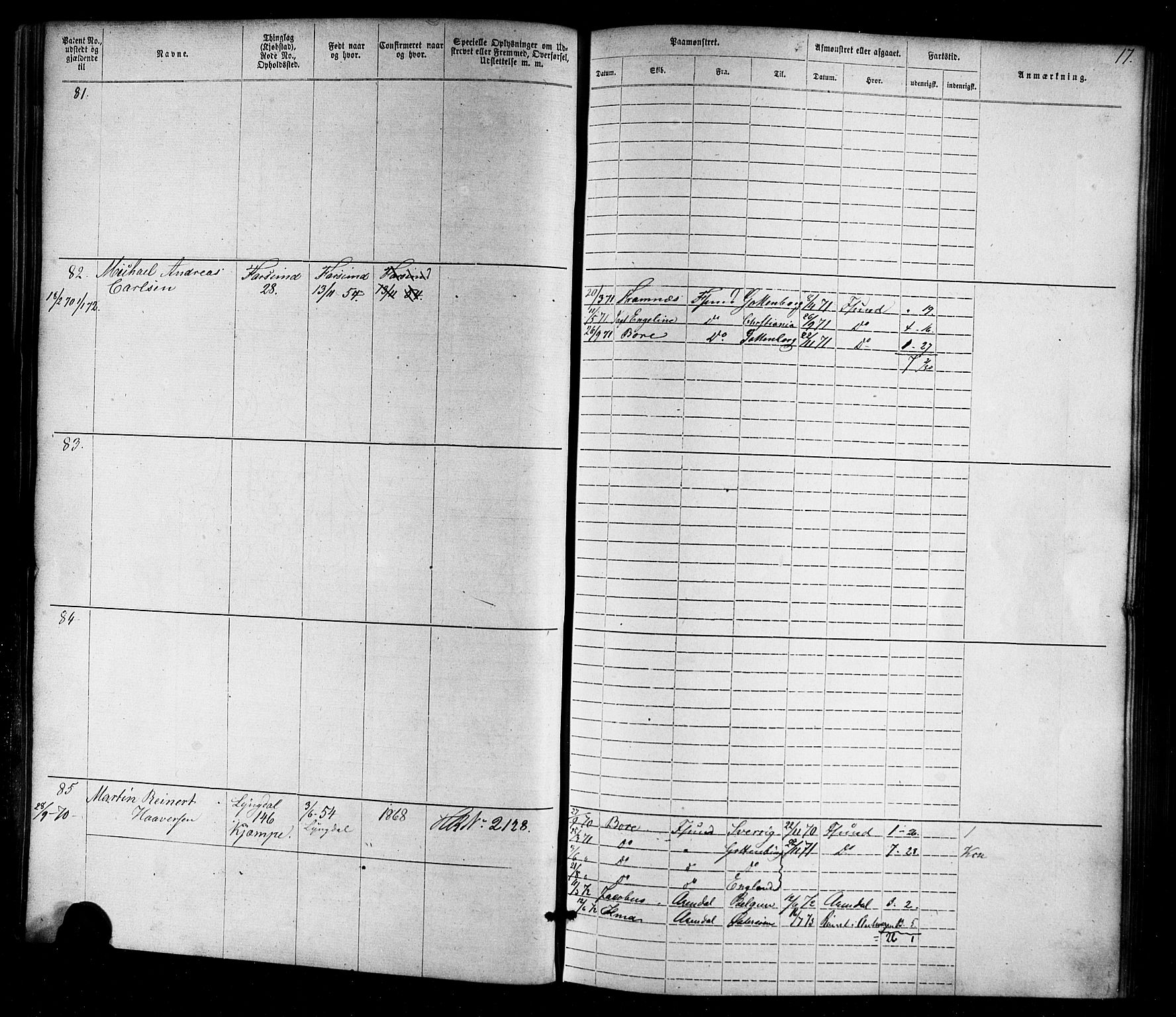 Farsund mønstringskrets, SAK/2031-0017/F/Fa/L0005: Annotasjonsrulle nr 1-1910 med register, Z-2, 1869-1877, p. 43