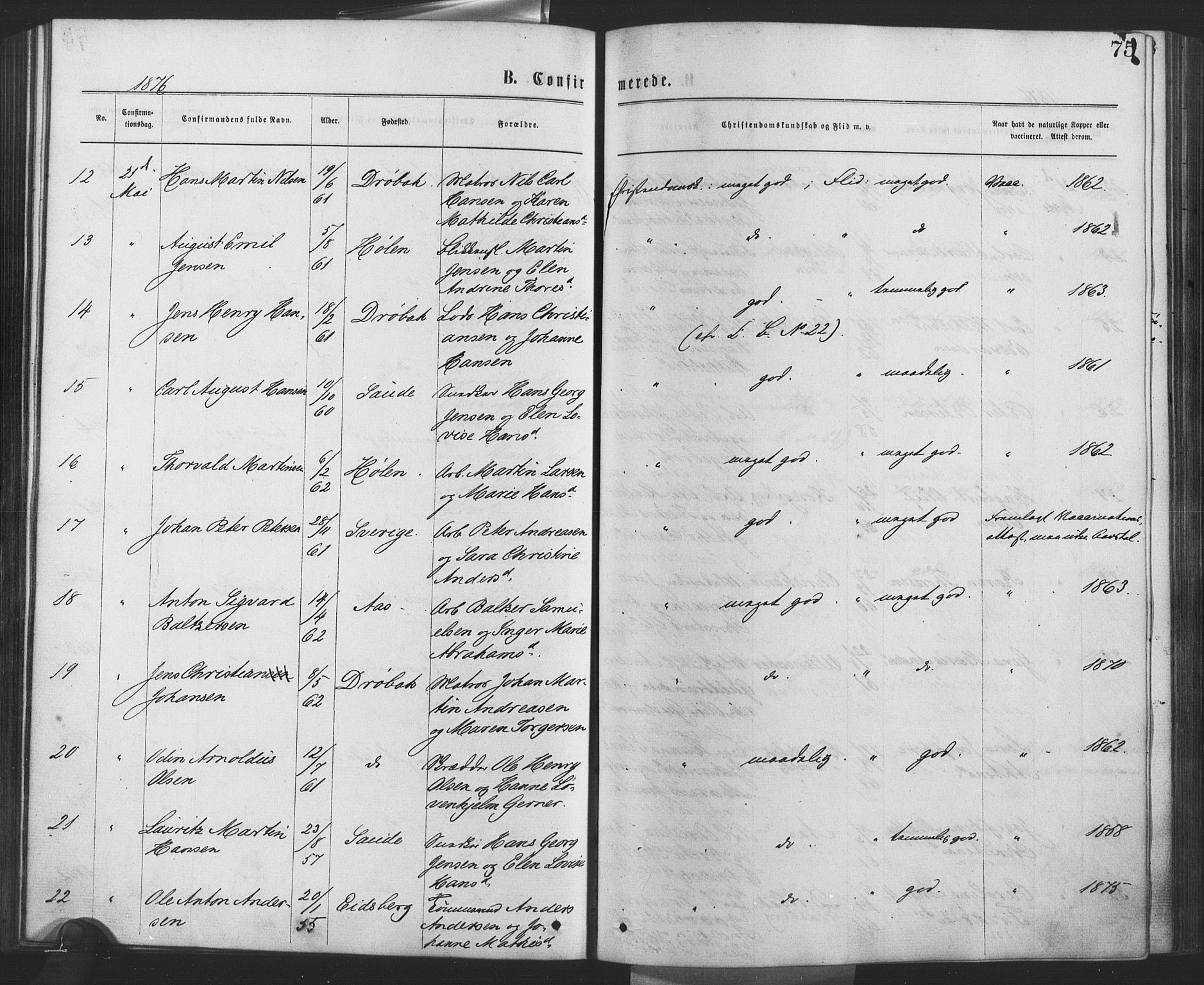 Drøbak prestekontor Kirkebøker, AV/SAO-A-10142a/F/Fa/L0003: Parish register (official) no. I 3, 1871-1877, p. 75