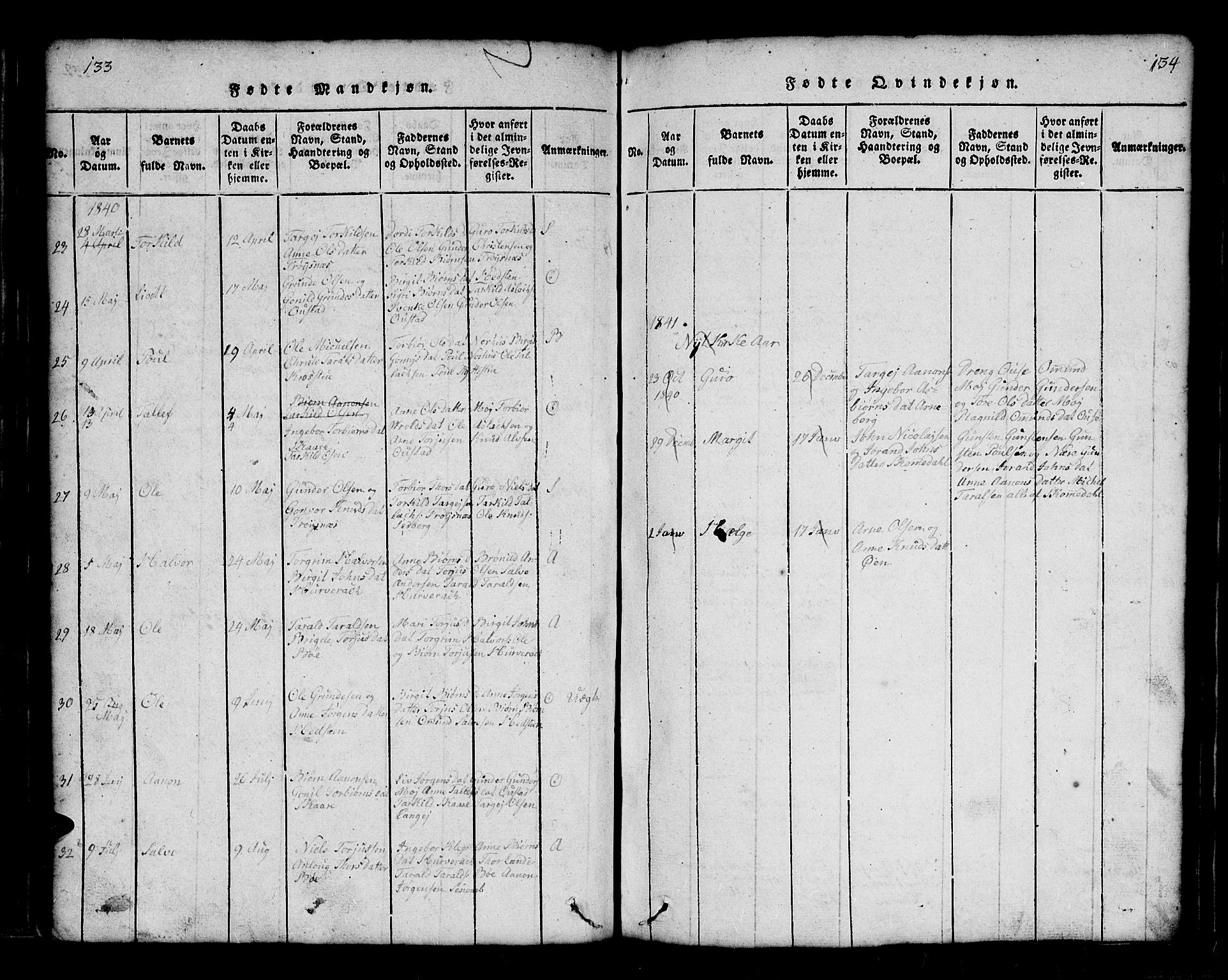 Bygland sokneprestkontor, AV/SAK-1111-0006/F/Fb/Fbb/L0001: Parish register (copy) no. B 1, 1816-1843, p. 134-135