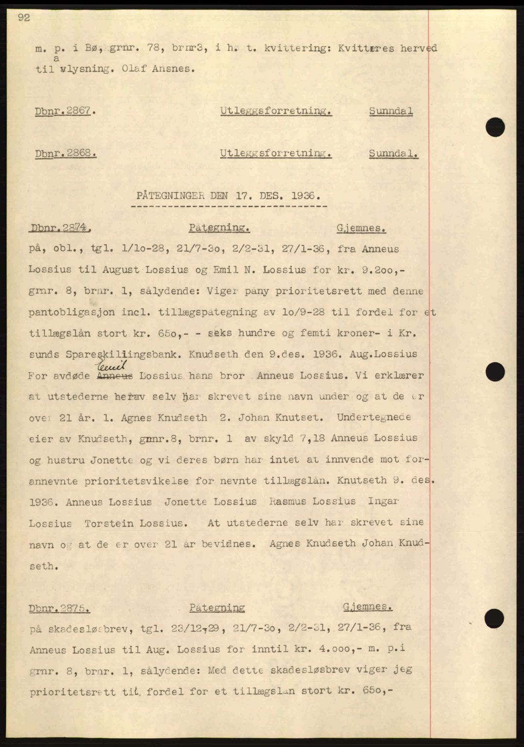 Nordmøre sorenskriveri, AV/SAT-A-4132/1/2/2Ca: Mortgage book no. C80, 1936-1939, Diary no: : 2867/1936