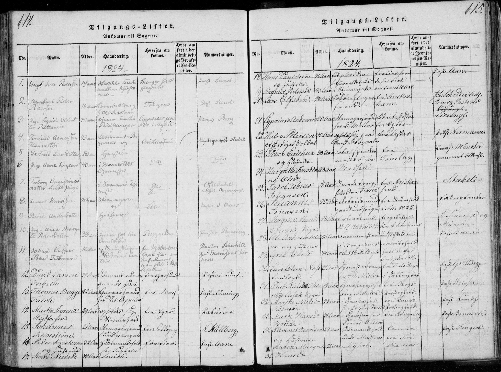 Bragernes kirkebøker, AV/SAKO-A-6/F/Fa/L0007: Parish register (official) no. I 7, 1815-1829, p. 614-615