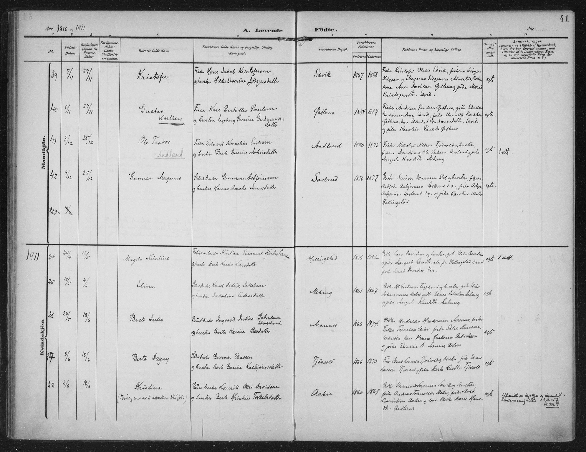 Kopervik sokneprestkontor, AV/SAST-A-101850/H/Ha/Haa/L0005: Parish register (official) no. A 5, 1906-1924, p. 41