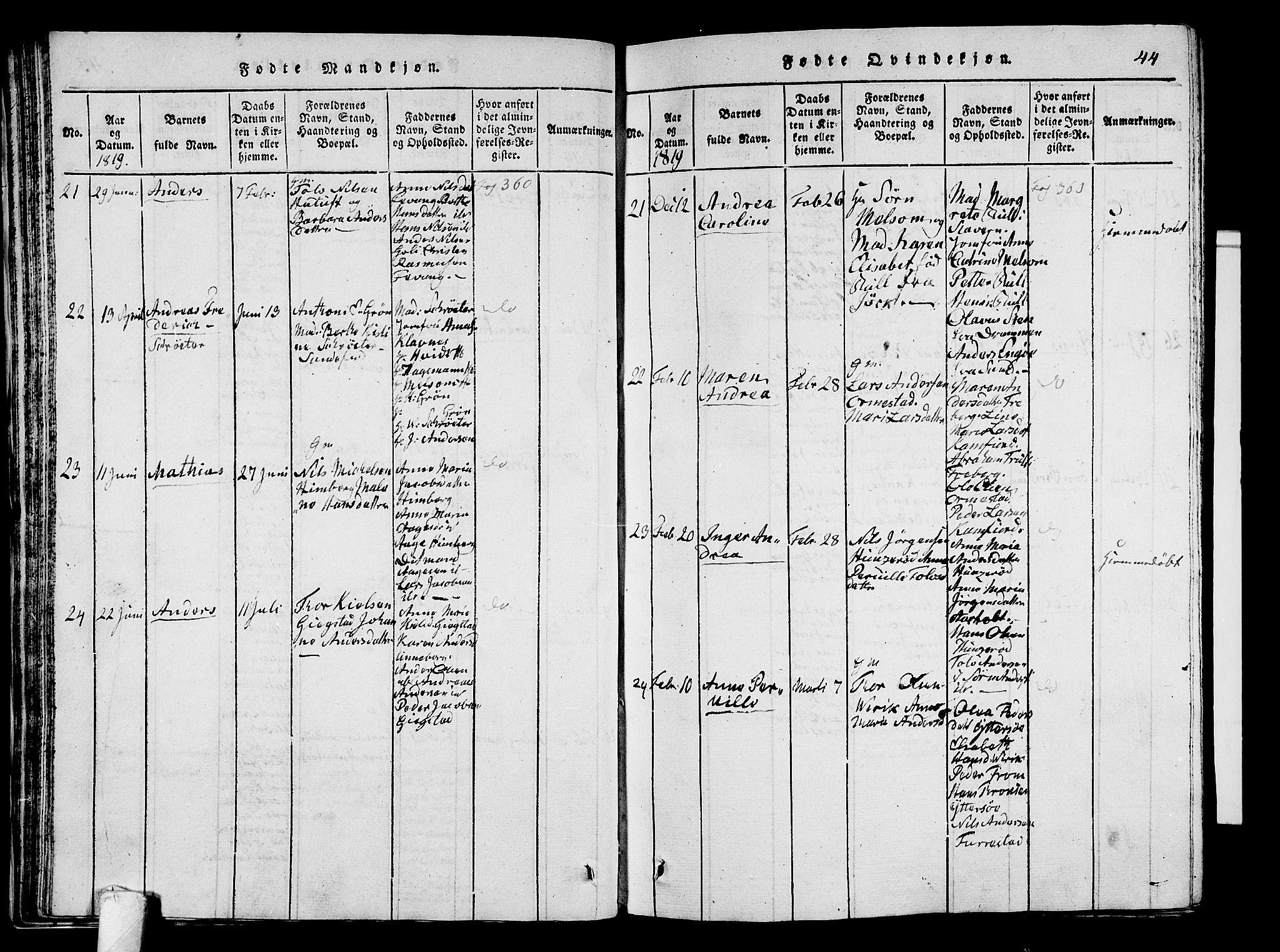 Sandar kirkebøker, SAKO/A-243/G/Ga/L0001: Parish register (copy) no. 1, 1814-1835, p. 44
