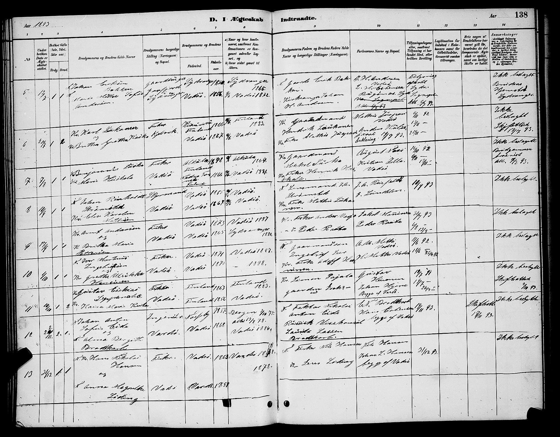 Vadsø sokneprestkontor, SATØ/S-1325/H/Hb/L0004klokker: Parish register (copy) no. 4, 1885-1895, p. 138