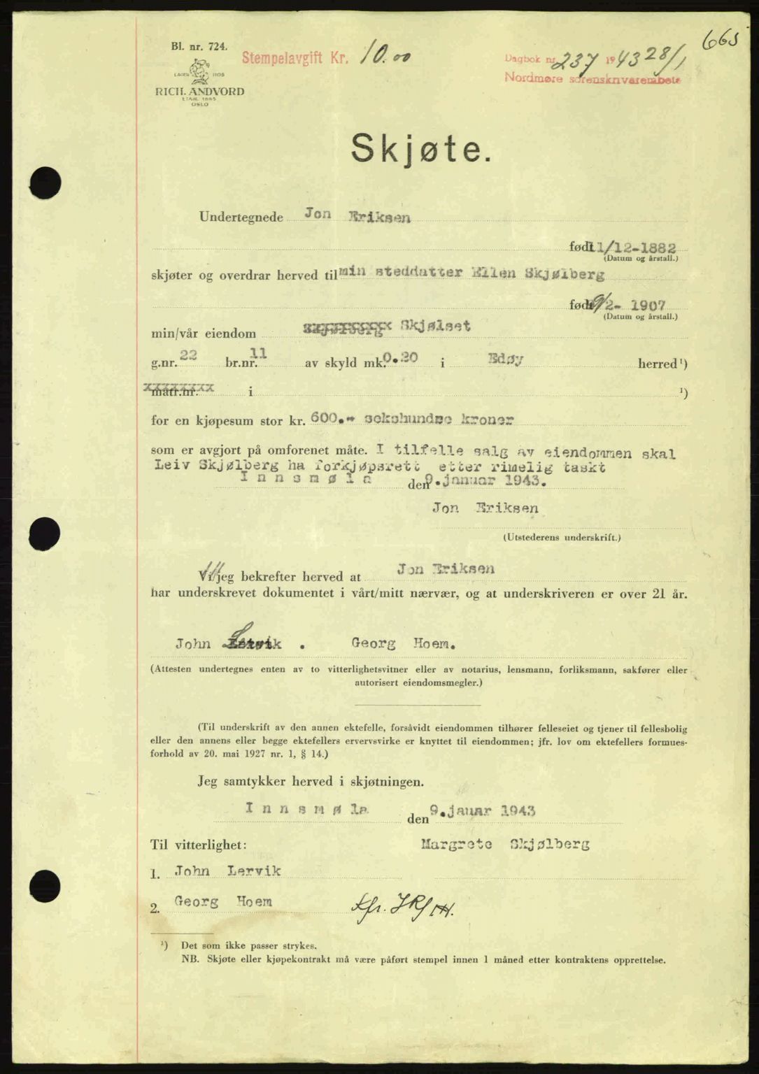 Nordmøre sorenskriveri, AV/SAT-A-4132/1/2/2Ca: Mortgage book no. A94, 1942-1943, Diary no: : 237/1943