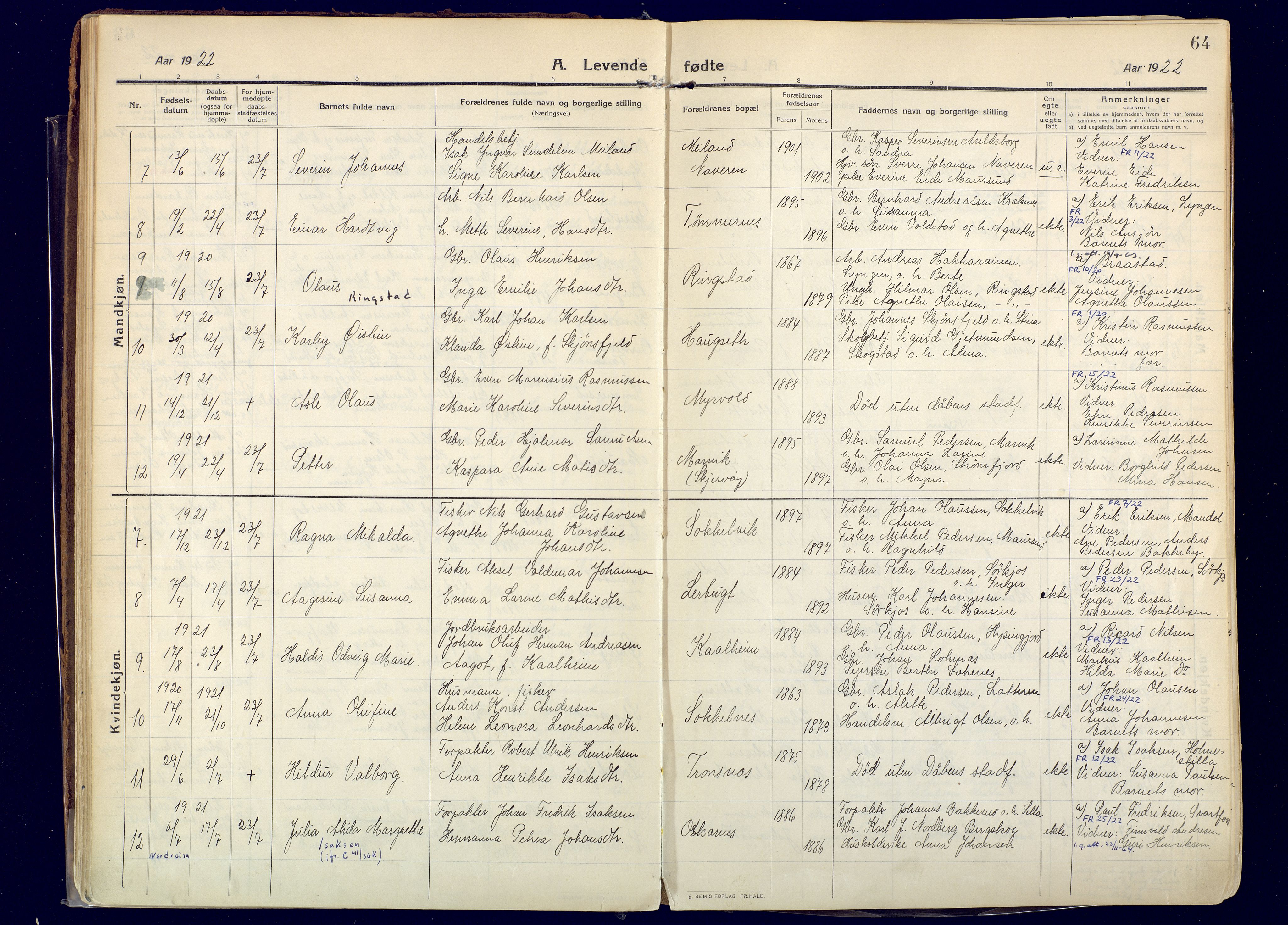 Skjervøy sokneprestkontor, AV/SATØ-S-1300/H/Ha/Haa: Parish register (official) no. 20, 1911-1931, p. 64