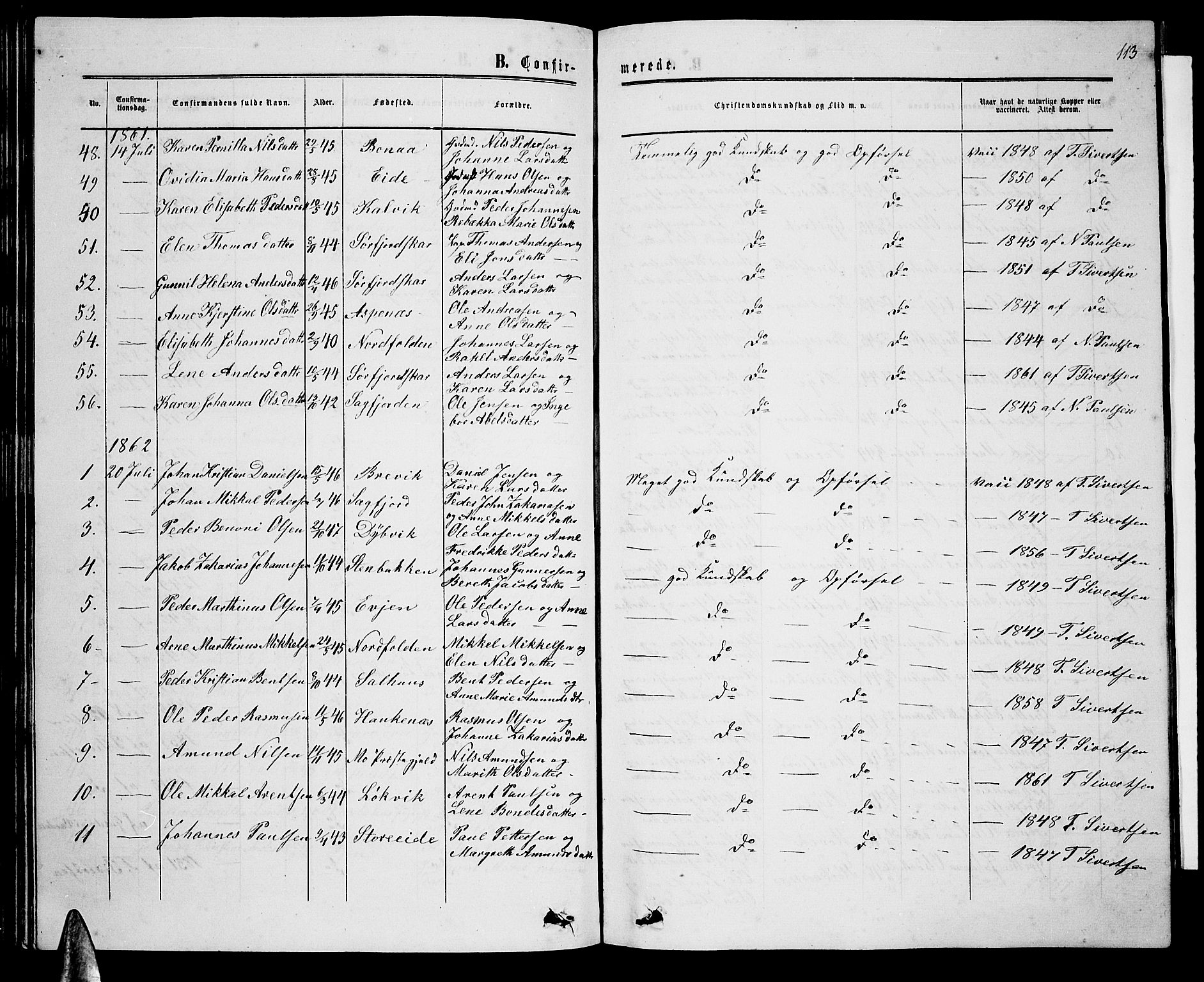 Ministerialprotokoller, klokkerbøker og fødselsregistre - Nordland, AV/SAT-A-1459/853/L0775: Parish register (copy) no. 853C03, 1859-1877, p. 113