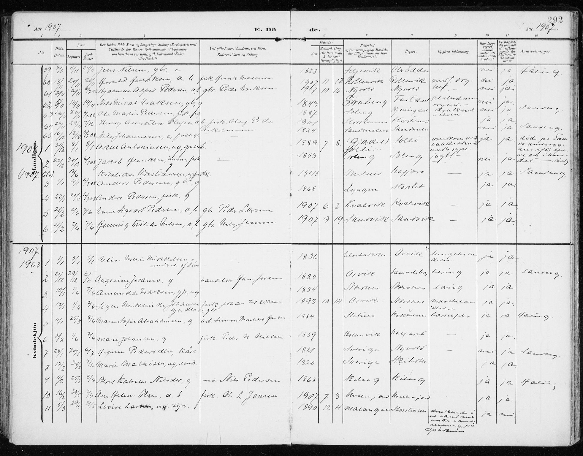 Lyngen sokneprestembete, SATØ/S-1289/H/He/Hea/L0011kirke: Parish register (official) no. 11, 1903-1913, p. 292