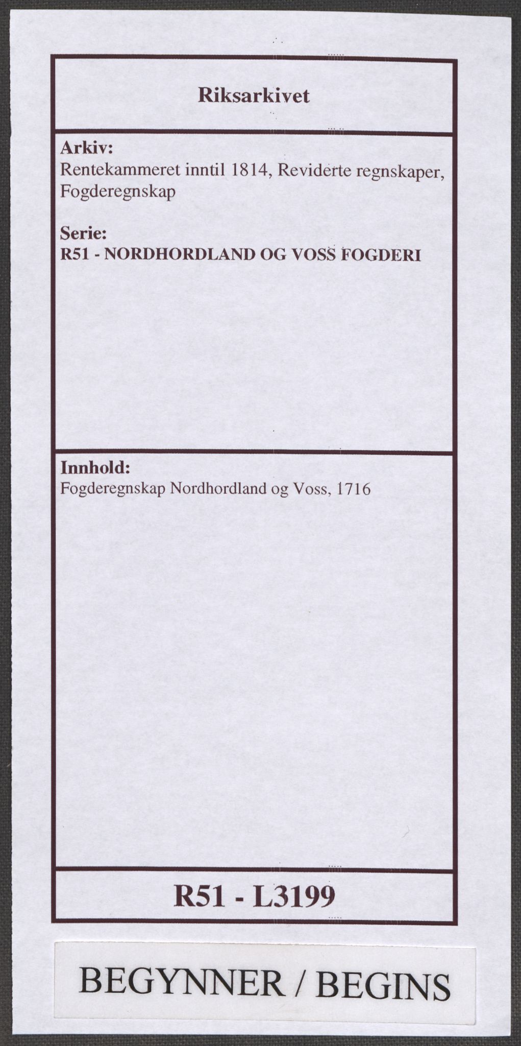 Rentekammeret inntil 1814, Reviderte regnskaper, Fogderegnskap, AV/RA-EA-4092/R51/L3199: Fogderegnskap Nordhordland og Voss, 1716, p. 1