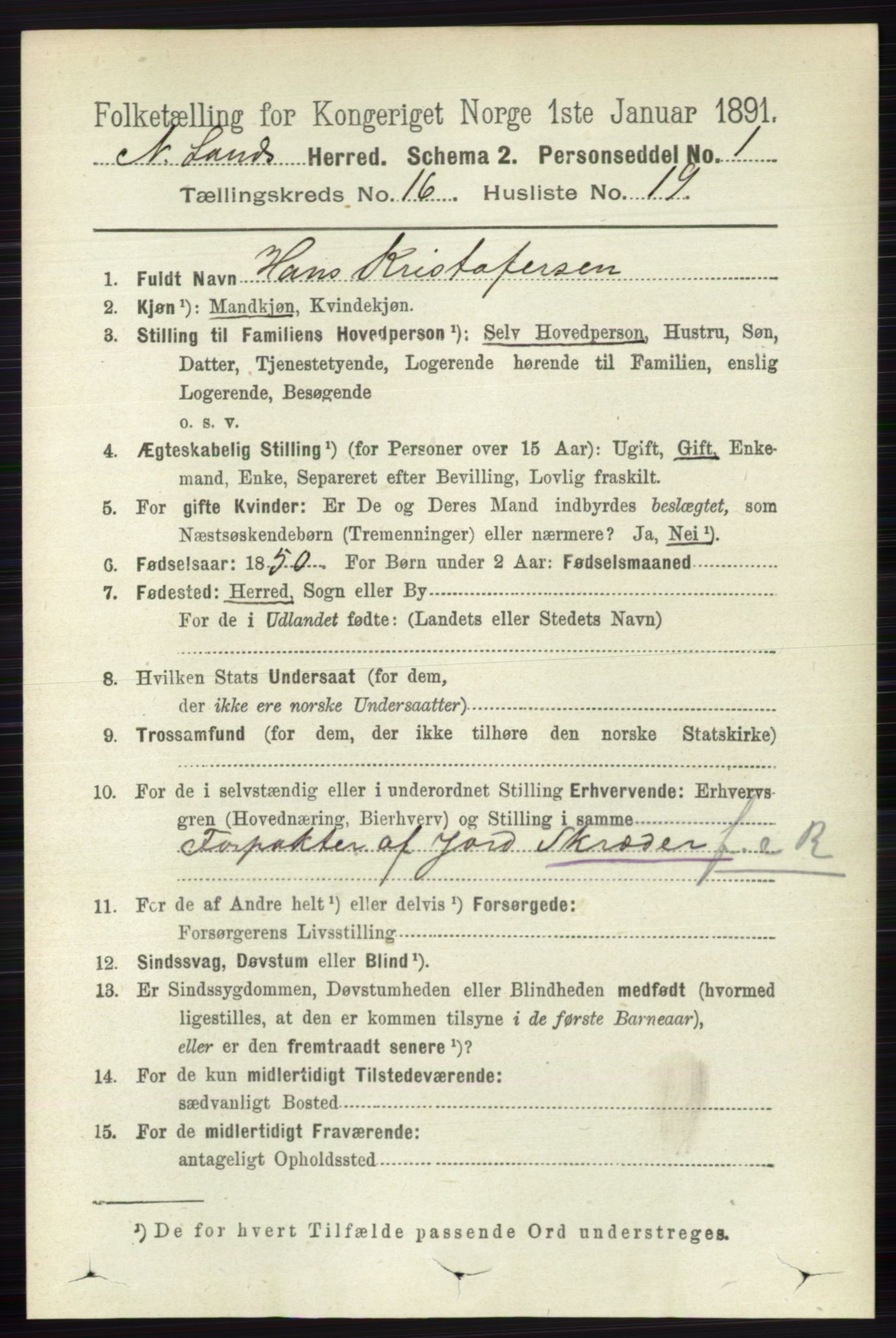 RA, 1891 census for 0538 Nordre Land, 1891, p. 4236