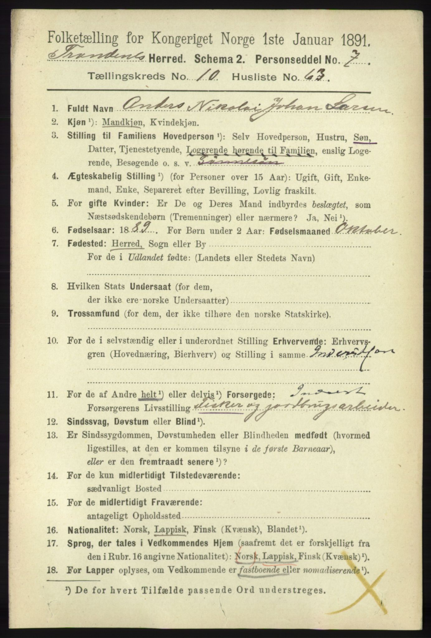 RA, 1891 census for 1914 Trondenes, 1891, p. 7918