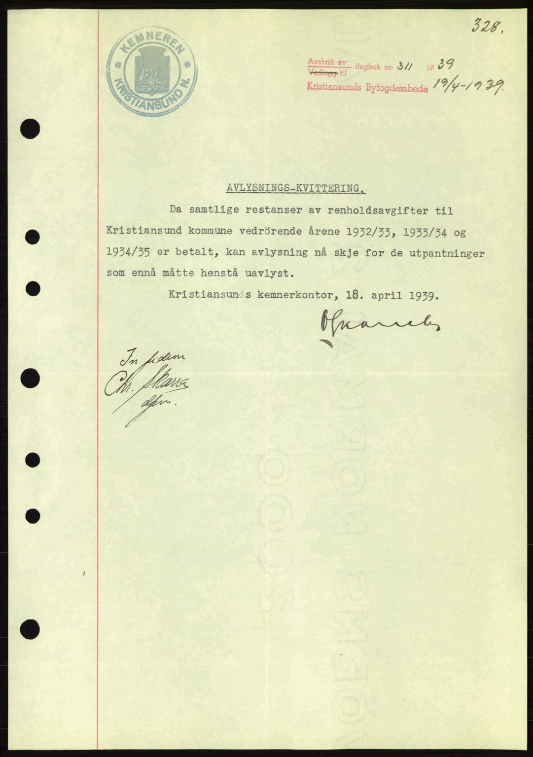 Kristiansund byfogd, SAT/A-4587/A/27: Mortgage book no. 31, 1938-1939, Diary no: : 311/1939