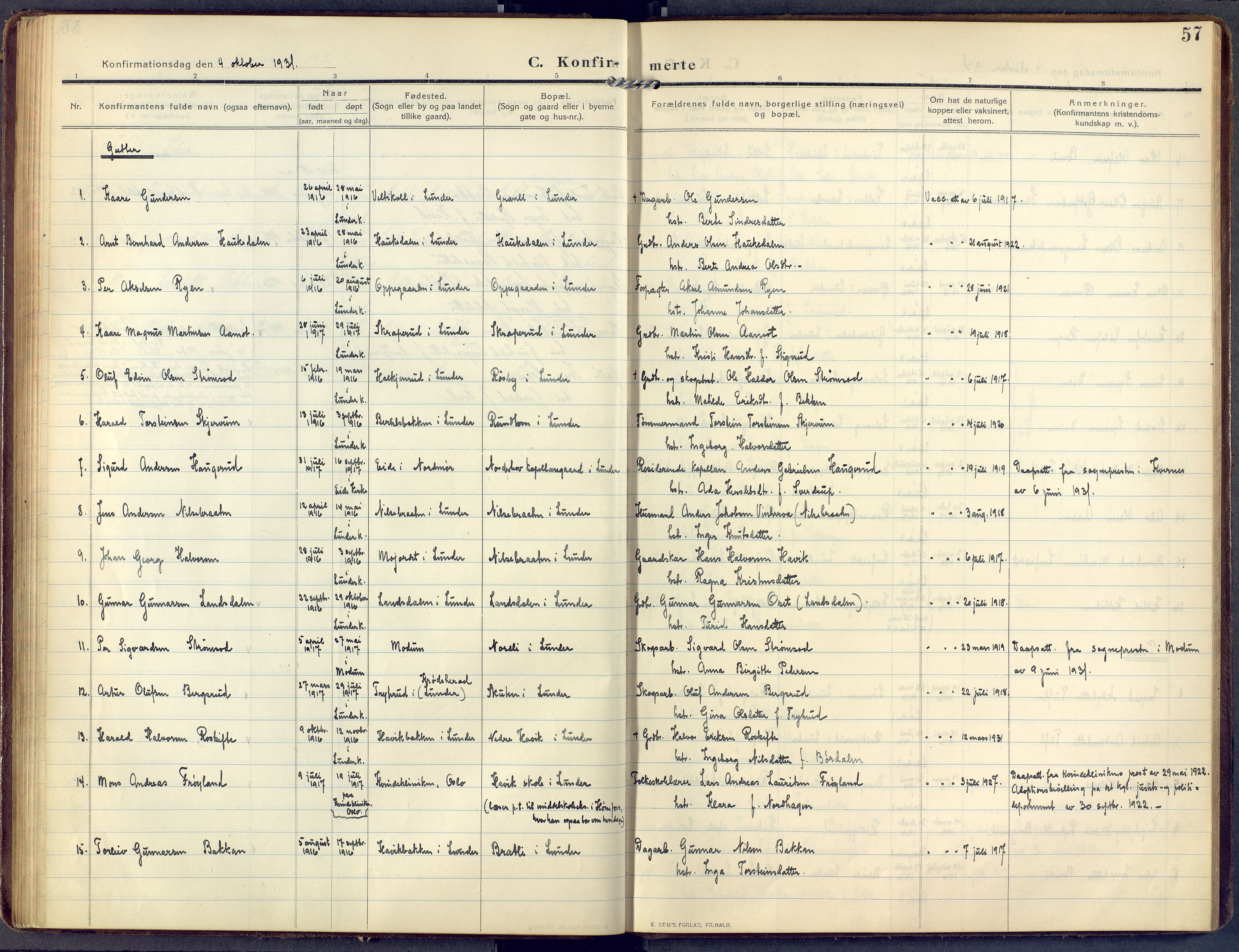 Lunder kirkebøker, AV/SAKO-A-629/F/Fa/L0002: Parish register (official) no. I 2, 1906-1947, p. 57