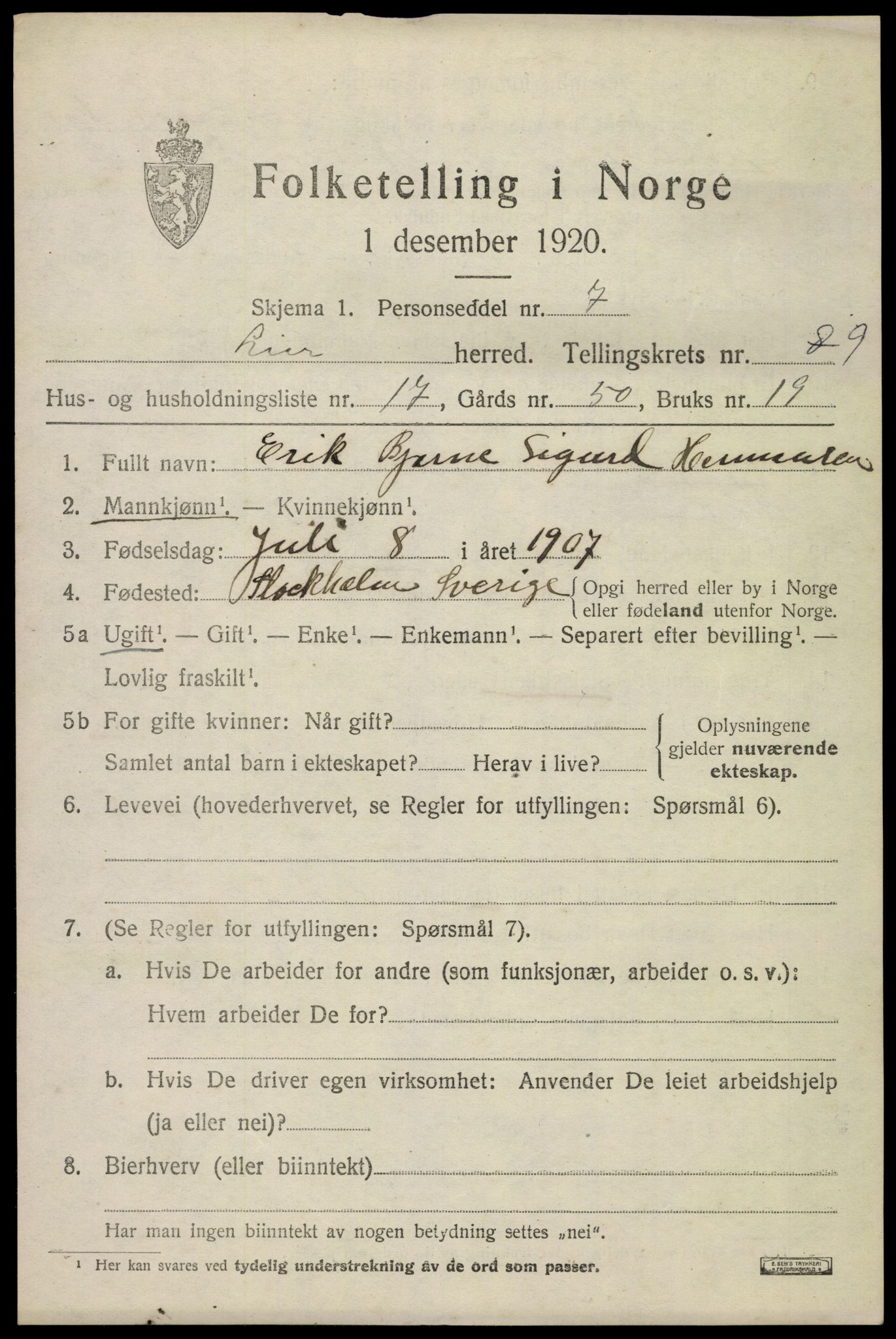 SAKO, 1920 census for Lier, 1920, p. 15092