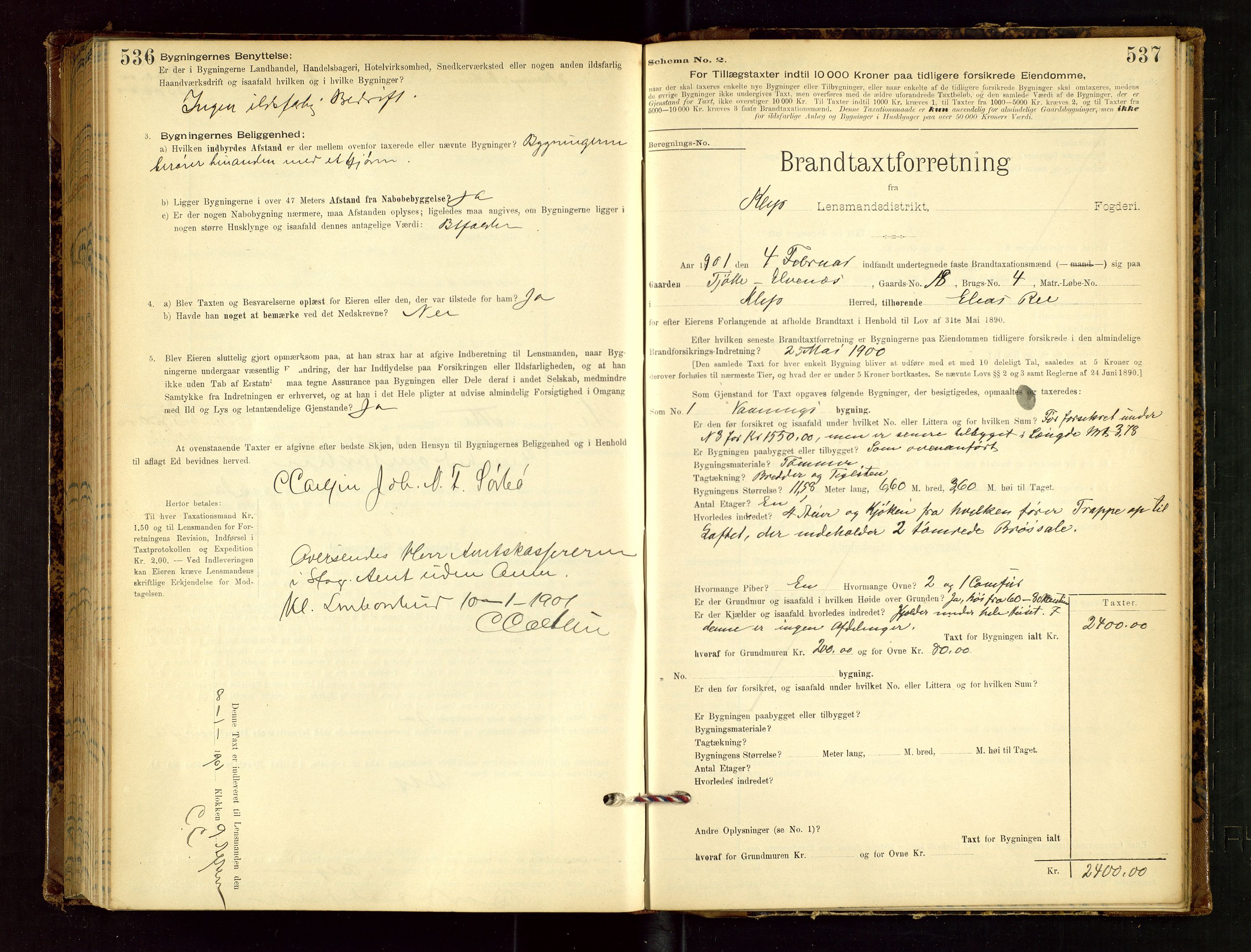 Klepp lensmannskontor, AV/SAST-A-100163/Goc/L0002: "Brandtaxationsprotokol" m/register, 1898-1902, p. 536-537