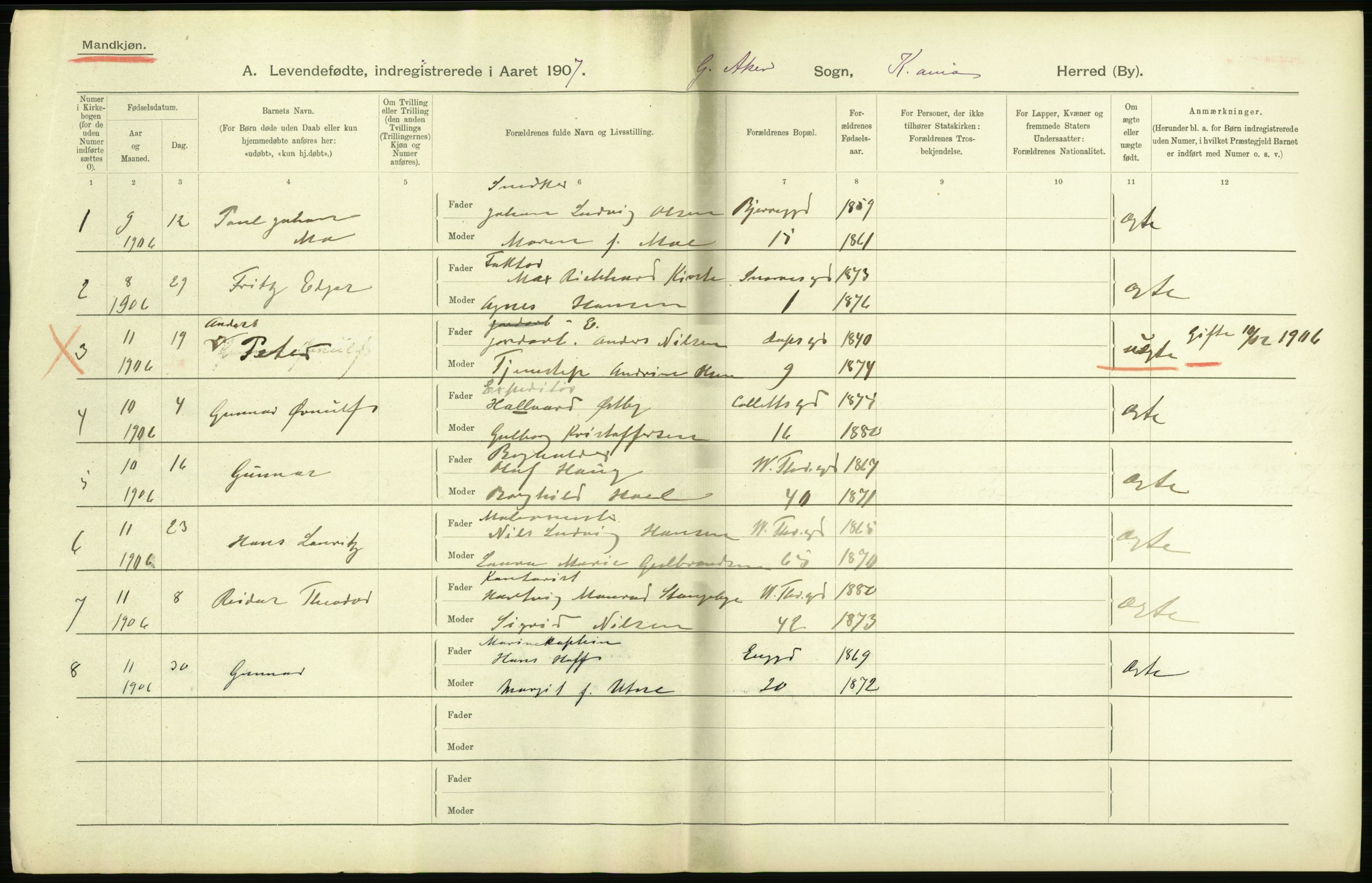 Statistisk sentralbyrå, Sosiodemografiske emner, Befolkning, AV/RA-S-2228/D/Df/Dfa/Dfae/L0006: Kristiania: Levendefødte menn og kvinner., 1907, p. 130