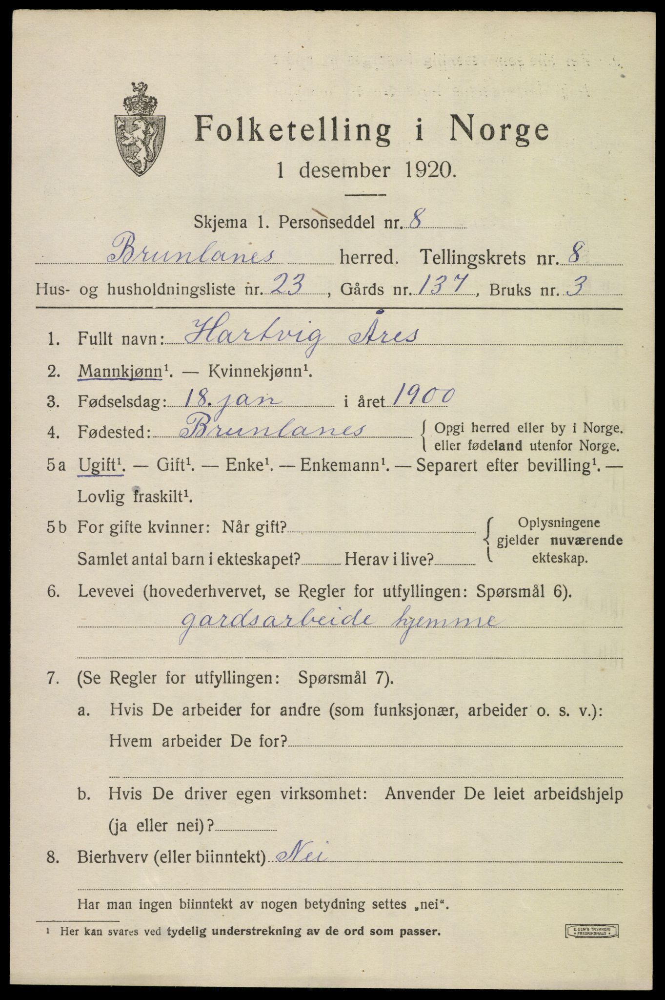 SAKO, 1920 census for Brunlanes, 1920, p. 7865