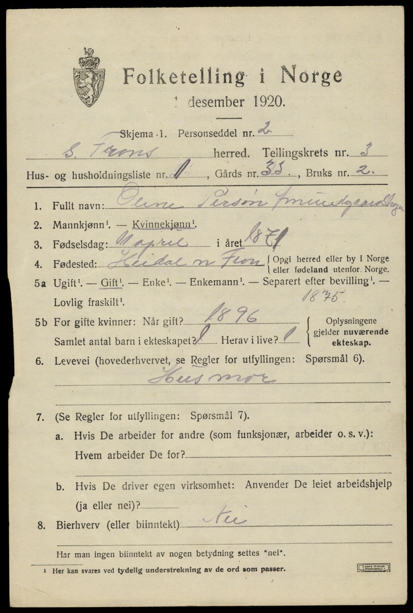 SAH, 1920 census for Sør-Fron, 1920, p. 3487