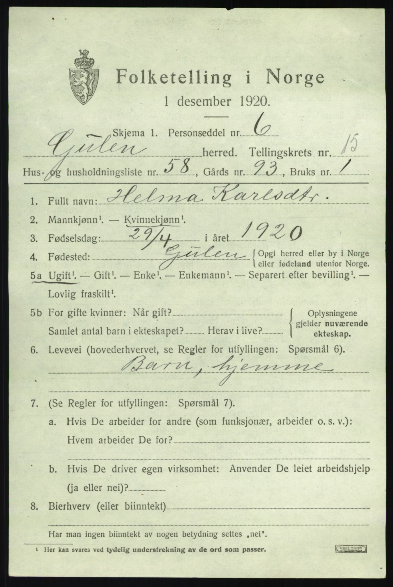 SAB, 1920 census for Gulen, 1920, p. 7159