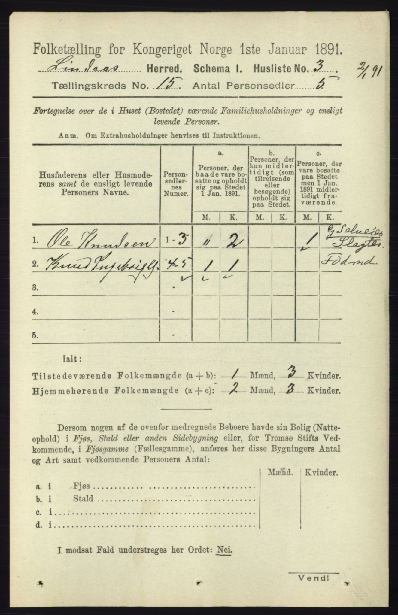 RA, 1891 census for 1263 Lindås, 1891, p. 5211