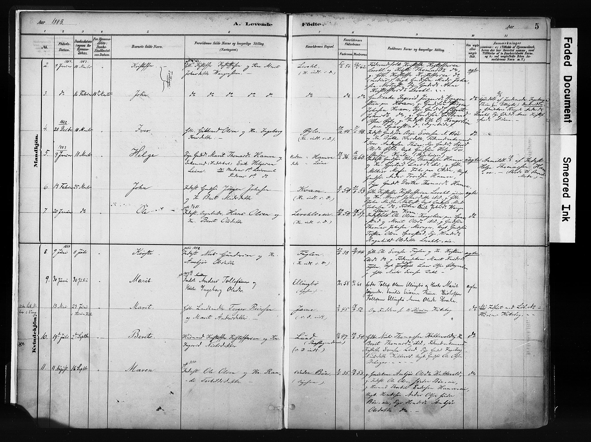 Vang prestekontor, Valdres, SAH/PREST-140/H/Ha/L0008: Parish register (official) no. 8, 1882-1910, p. 5