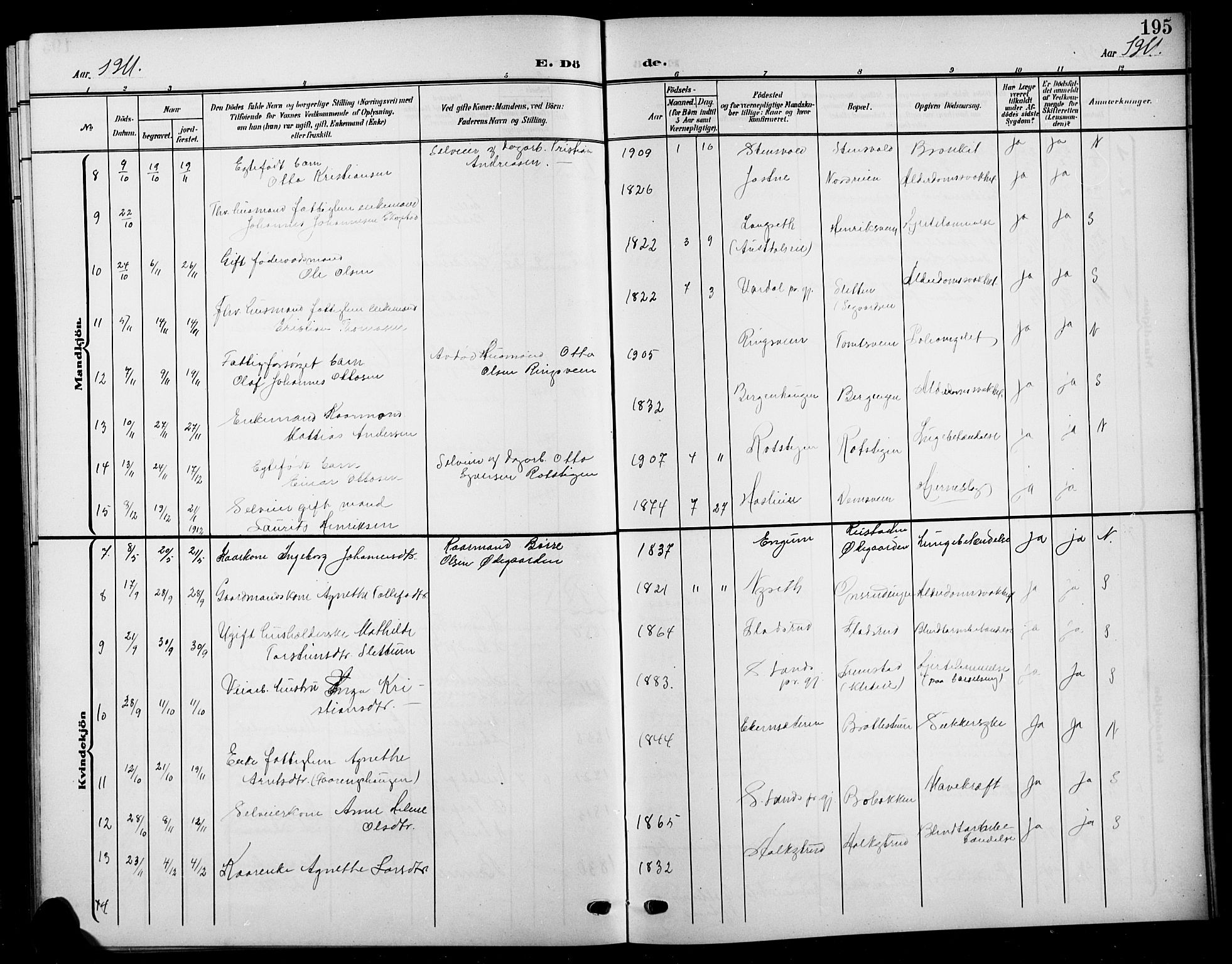 Biri prestekontor, SAH/PREST-096/H/Ha/Hab/L0005: Parish register (copy) no. 5, 1906-1919, p. 195