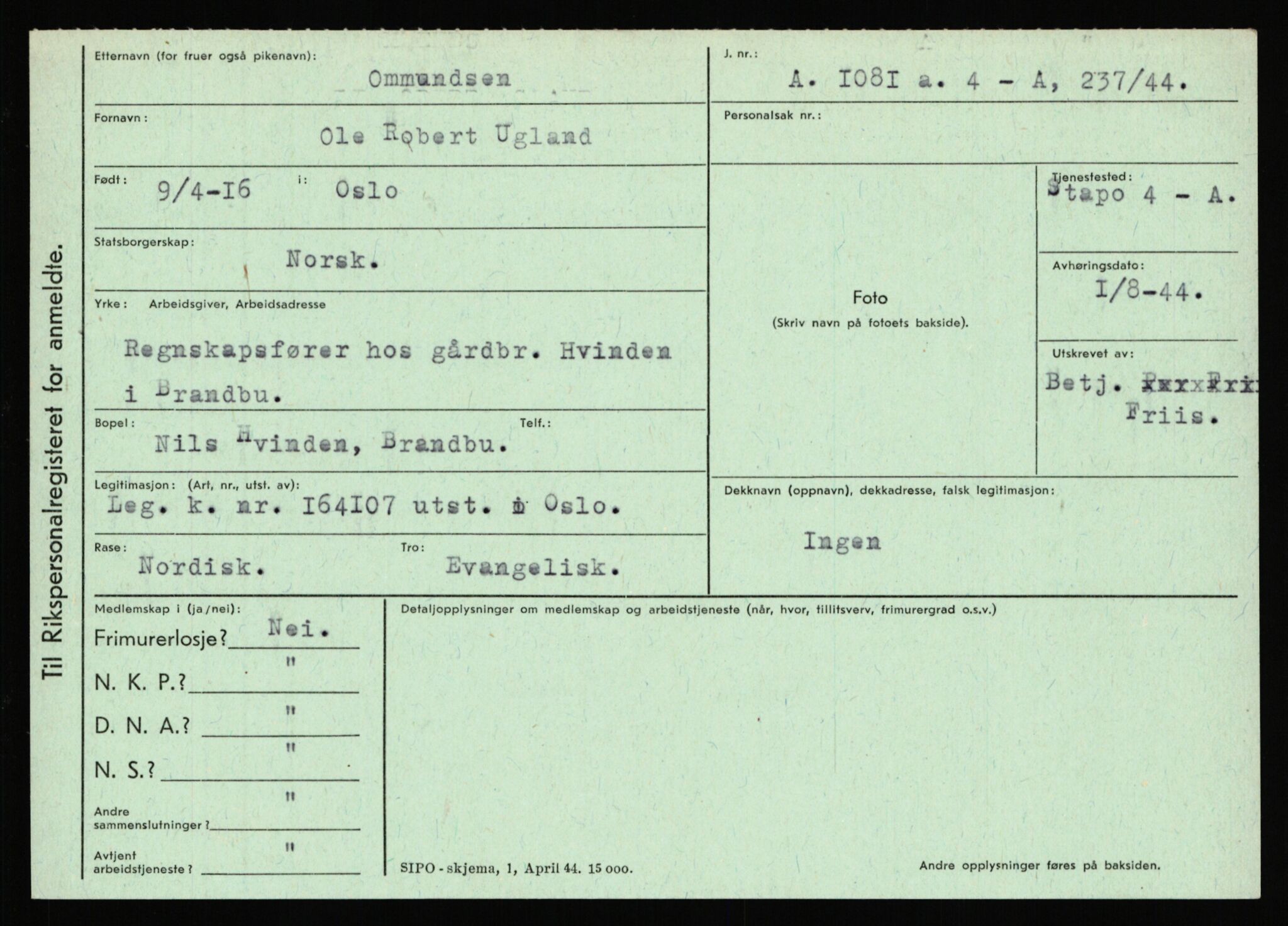 Statspolitiet - Hovedkontoret / Osloavdelingen, AV/RA-S-1329/C/Ca/L0012: Oanæs - Quistgaard	, 1943-1945, p. 2066