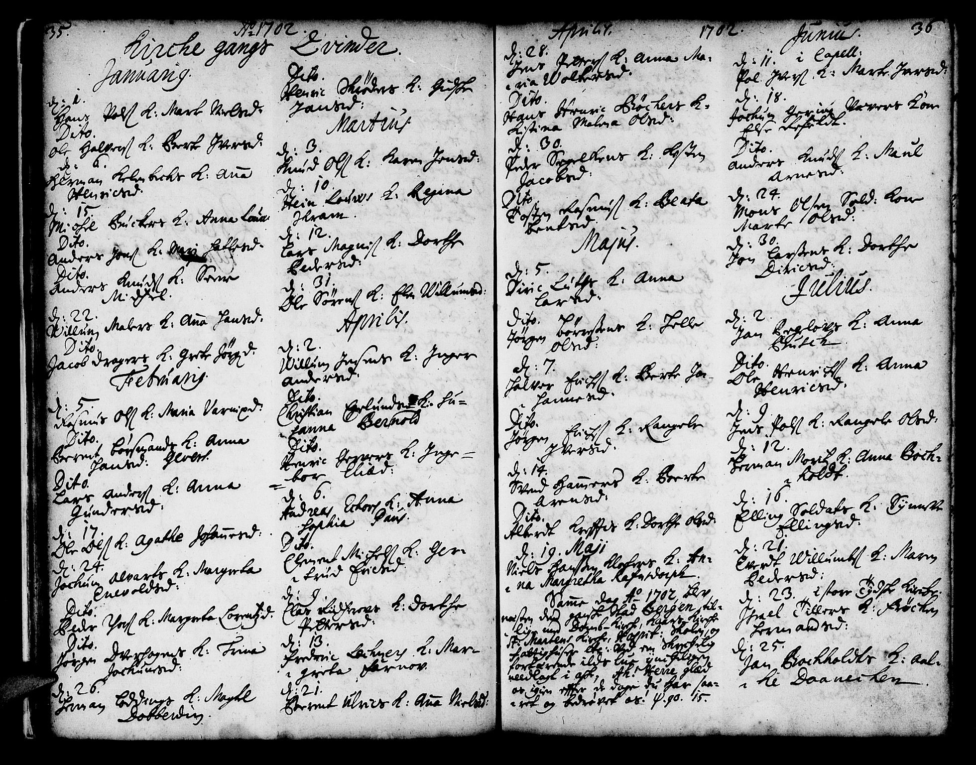 Korskirken sokneprestembete, AV/SAB-A-76101/H/Haa/L0008: Parish register (official) no. A 8, 1698-1747, p. 35-36