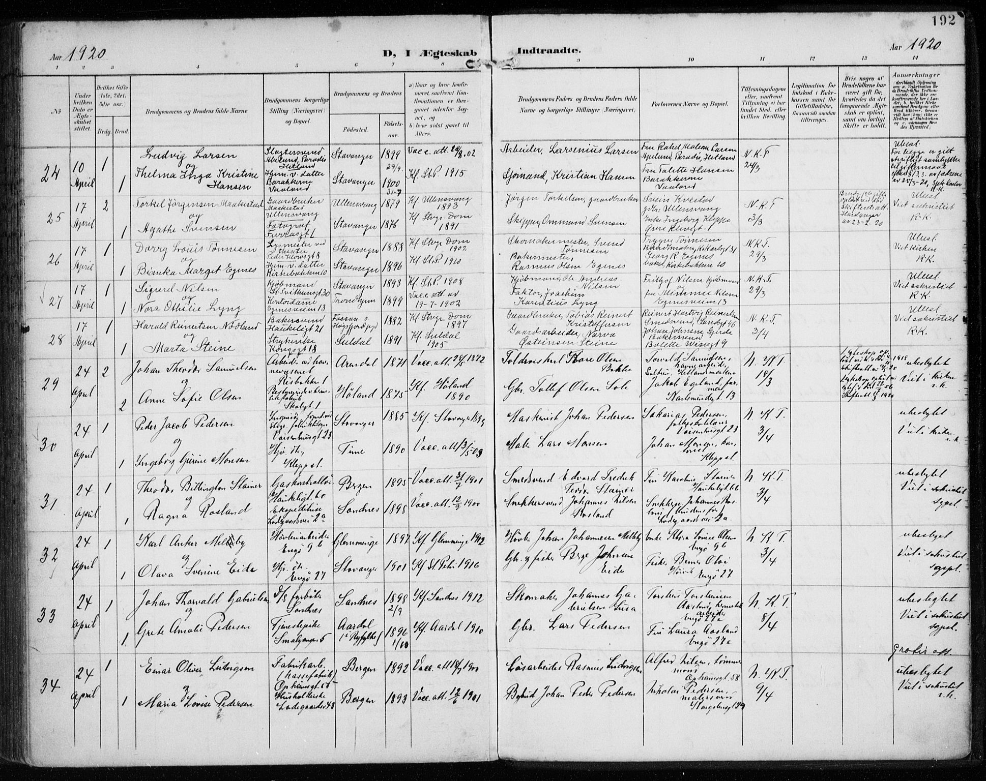 St. Petri sokneprestkontor, AV/SAST-A-101813/002/A/L0003: Parish register (official) no. A 24, 1900-1921, p. 192