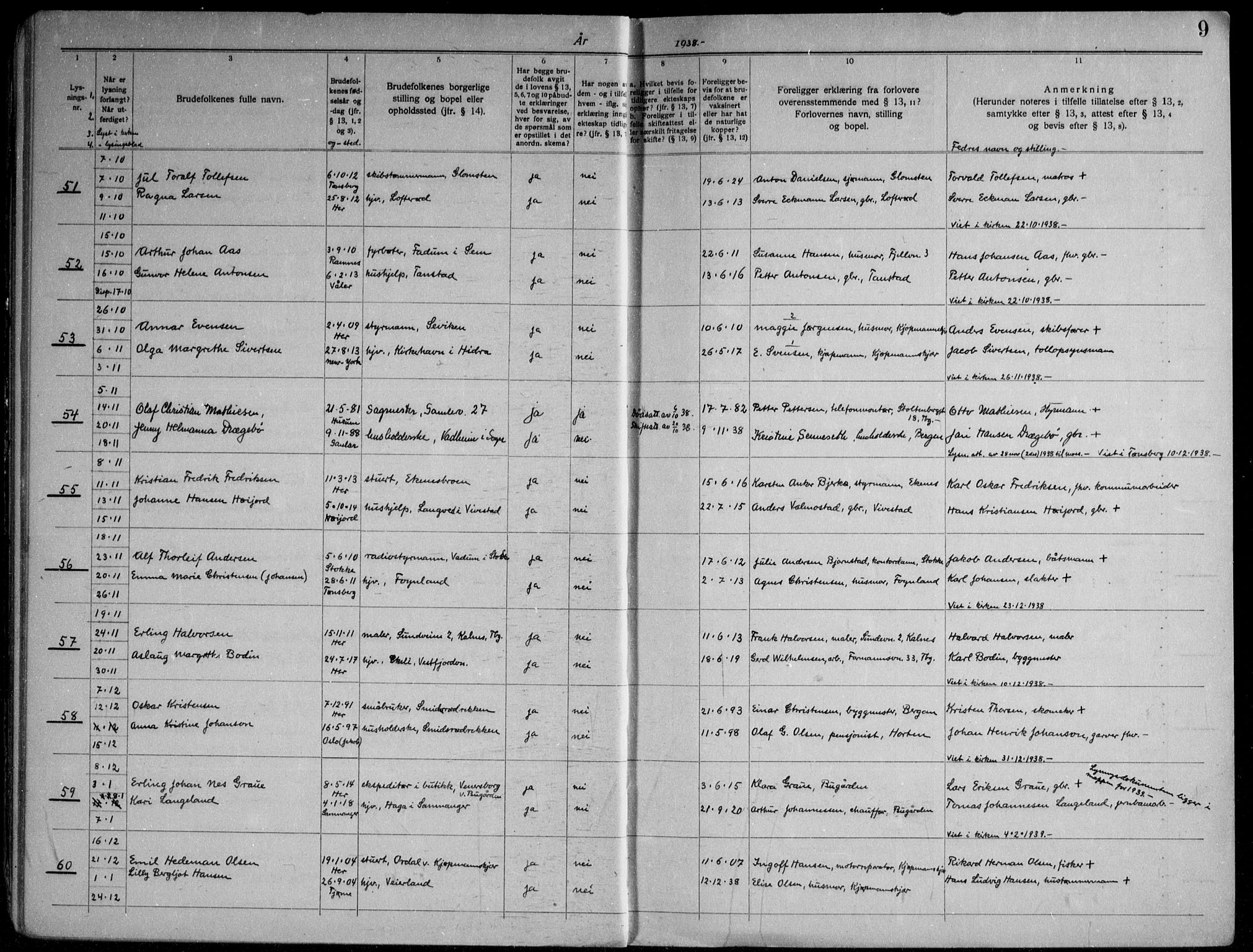 Nøtterøy kirkebøker, AV/SAKO-A-354/H/Ha/L0002: Banns register no. 2, 1937-1952, p. 9