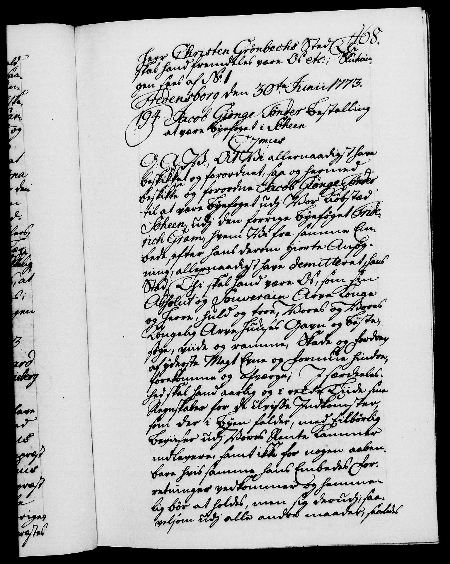 Danske Kanselli 1572-1799, AV/RA-EA-3023/F/Fc/Fca/Fcaa/L0046: Norske registre, 1773-1775, p. 168a