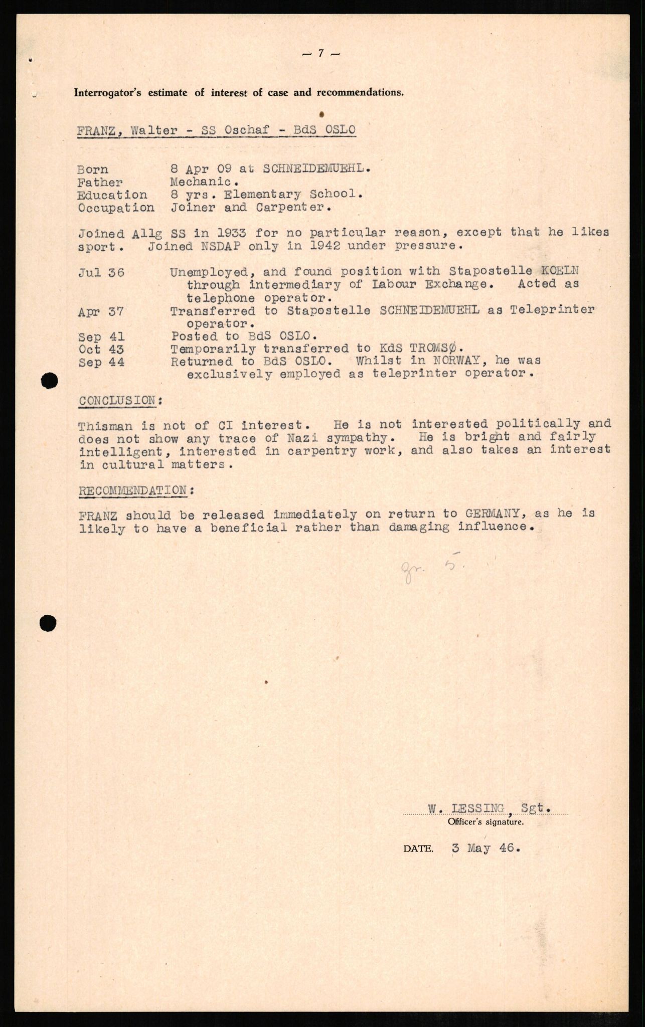 Forsvaret, Forsvarets overkommando II, AV/RA-RAFA-3915/D/Db/L0008: CI Questionaires. Tyske okkupasjonsstyrker i Norge. Tyskere., 1945-1946, p. 284