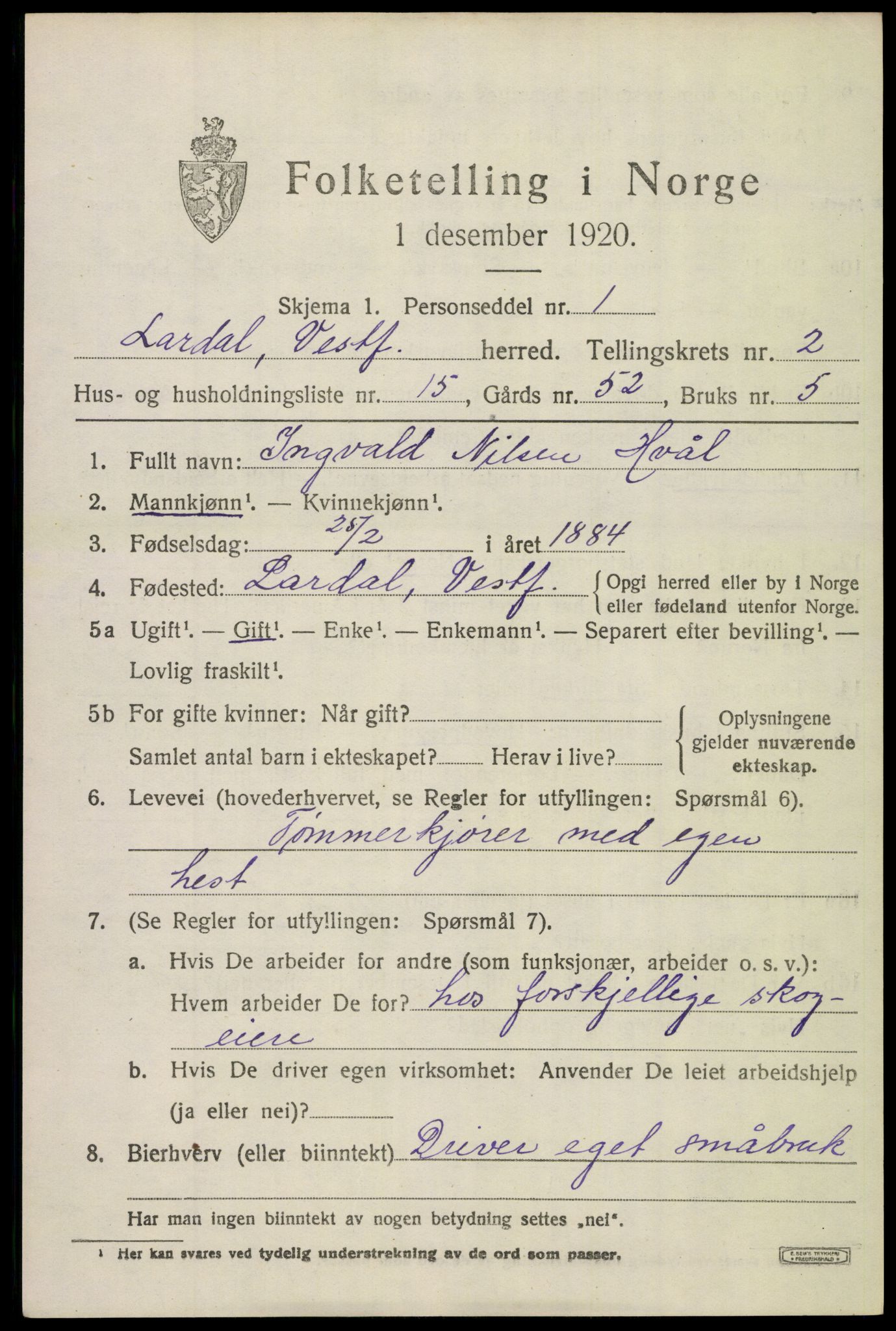 SAKO, 1920 census for Lardal, 1920, p. 2149