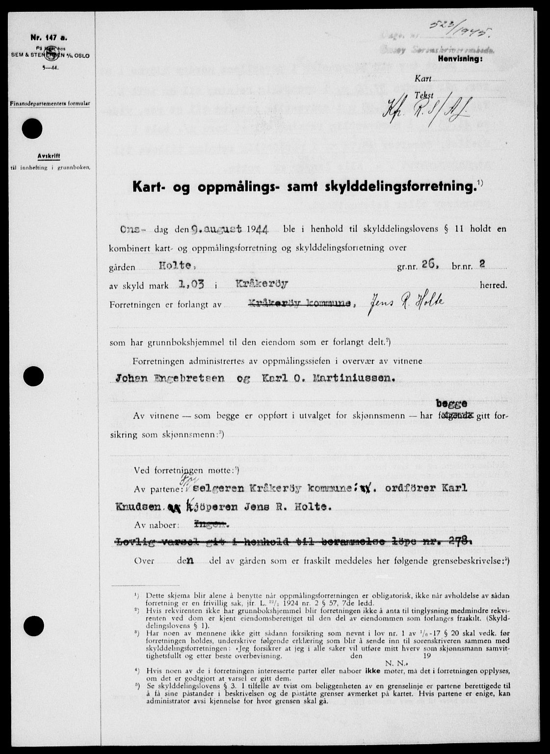 Onsøy sorenskriveri, SAO/A-10474/G/Ga/Gab/L0014: Mortgage book no. II A-14, 1944-1945, Diary no: : 523/1945