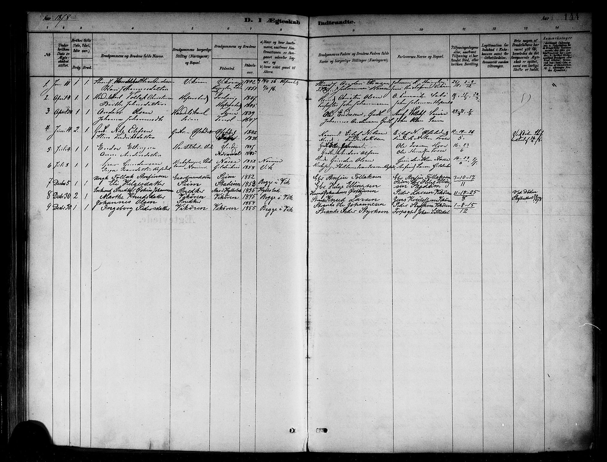 Vik sokneprestembete, AV/SAB-A-81501/H/Haa/Haab/L0001: Parish register (official) no. B 1, 1878-1890, p. 144